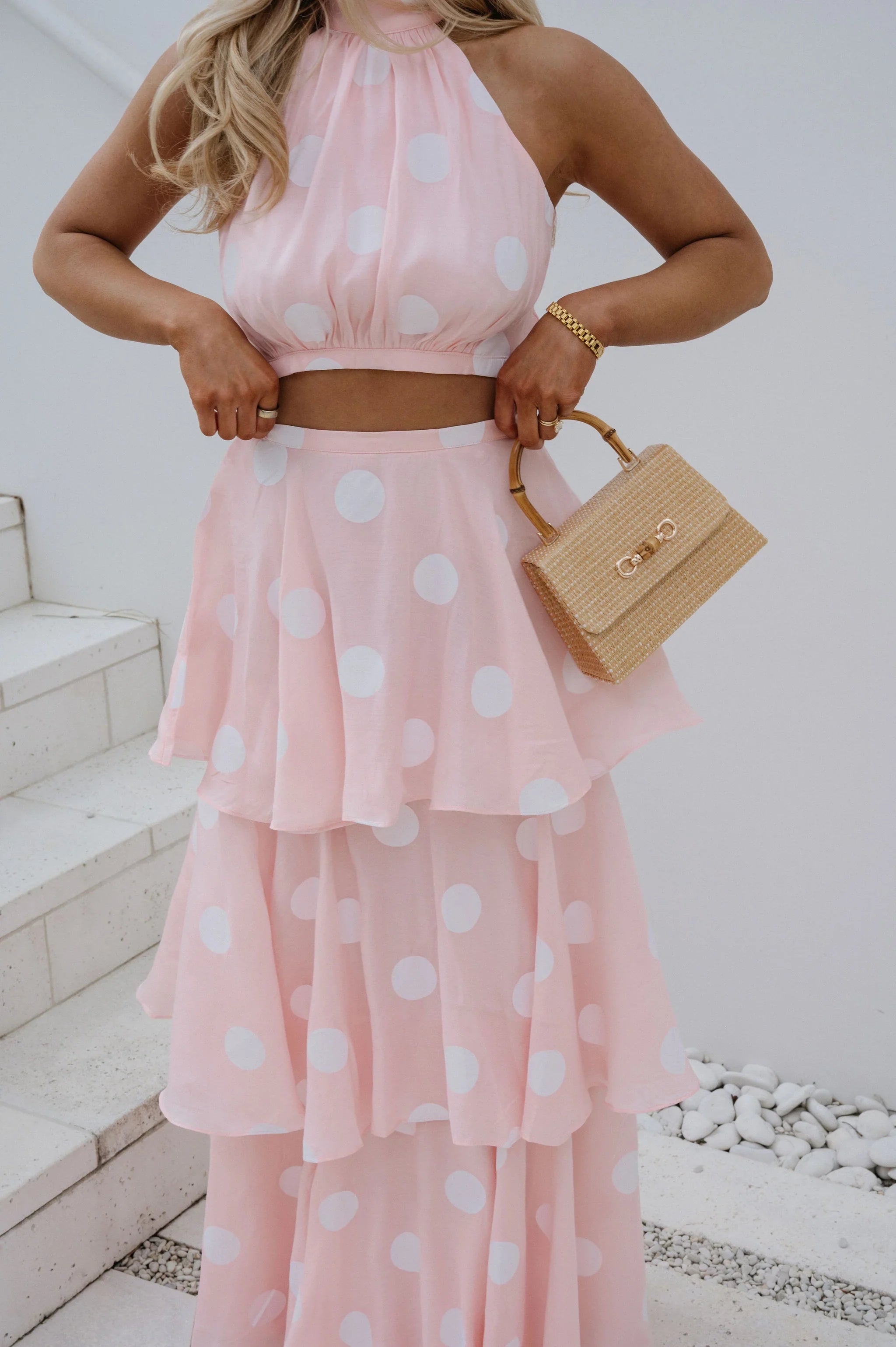 Spring Polka Dot Halter Neck Skirt Set-Pink