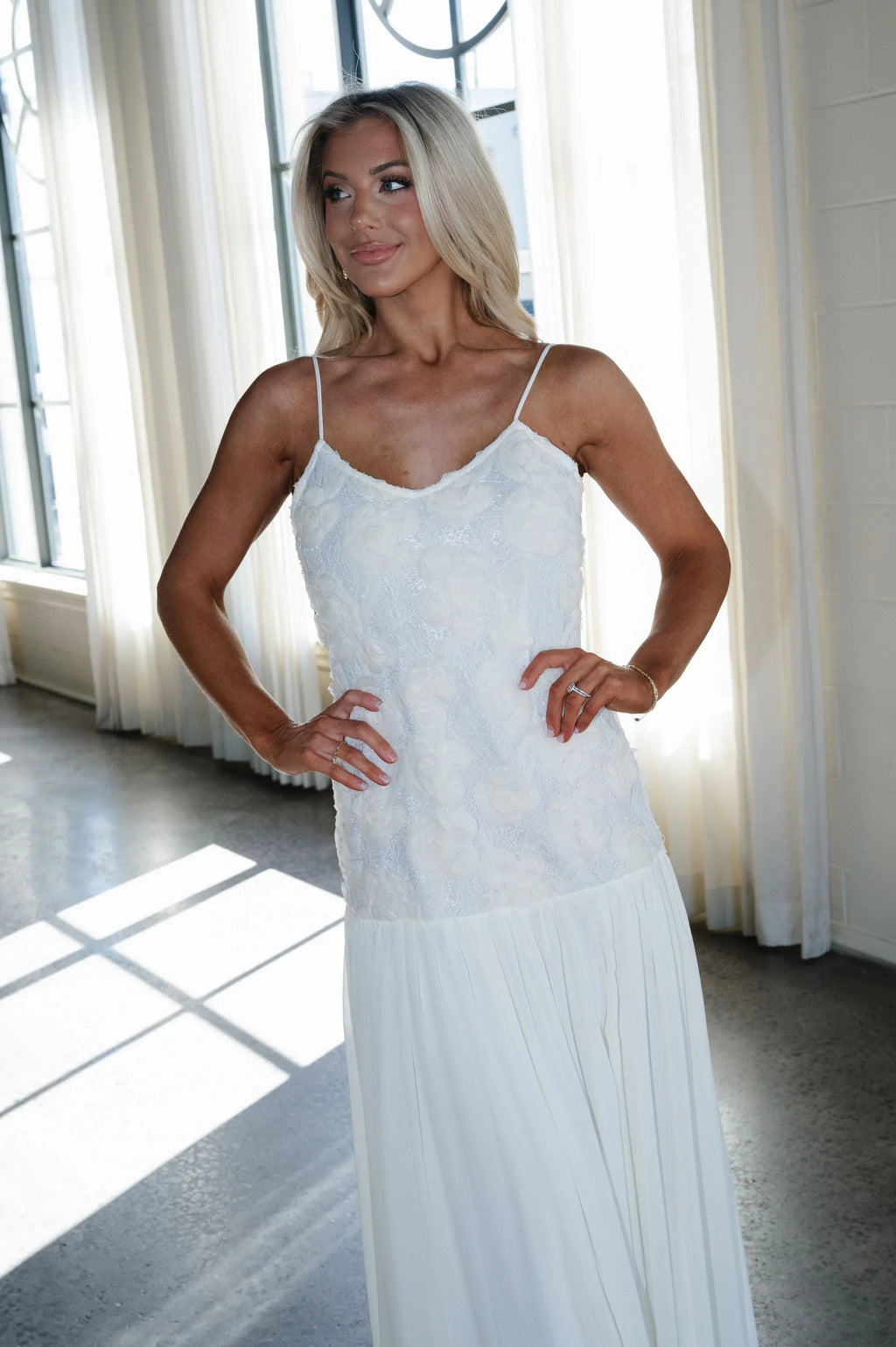 Elegant Rose Textured Maxi Dress-Ivory