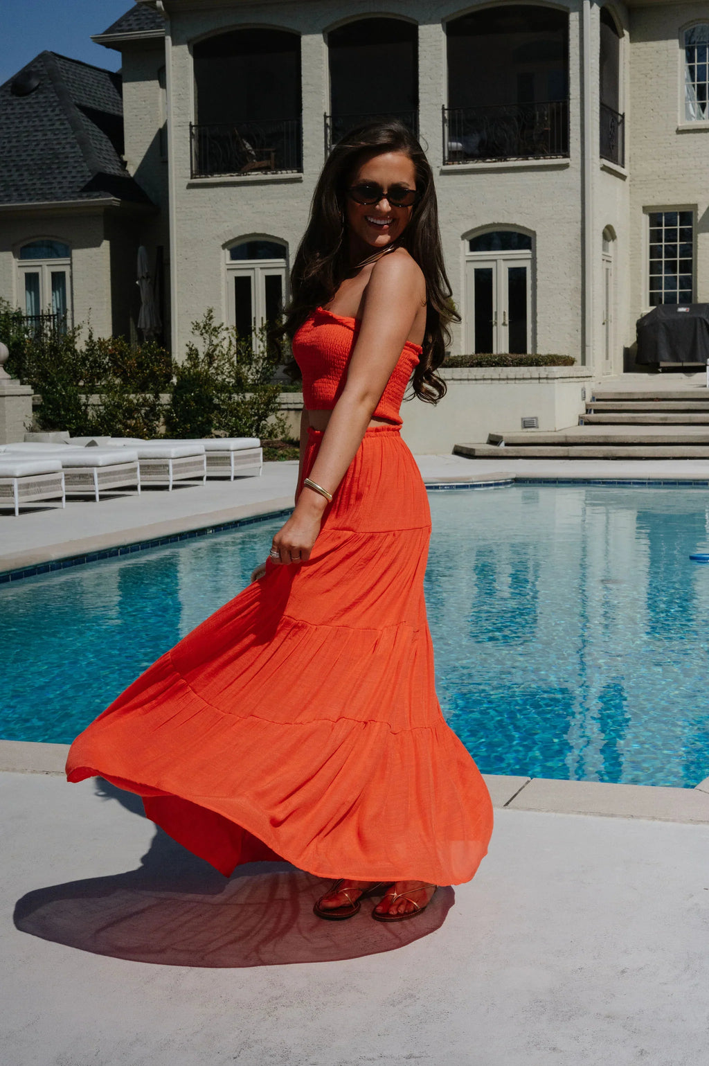 Jenni Tiered Skirt Set-Orange Red