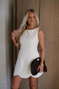 Linen Scallop Detail Mini Dress-Cream