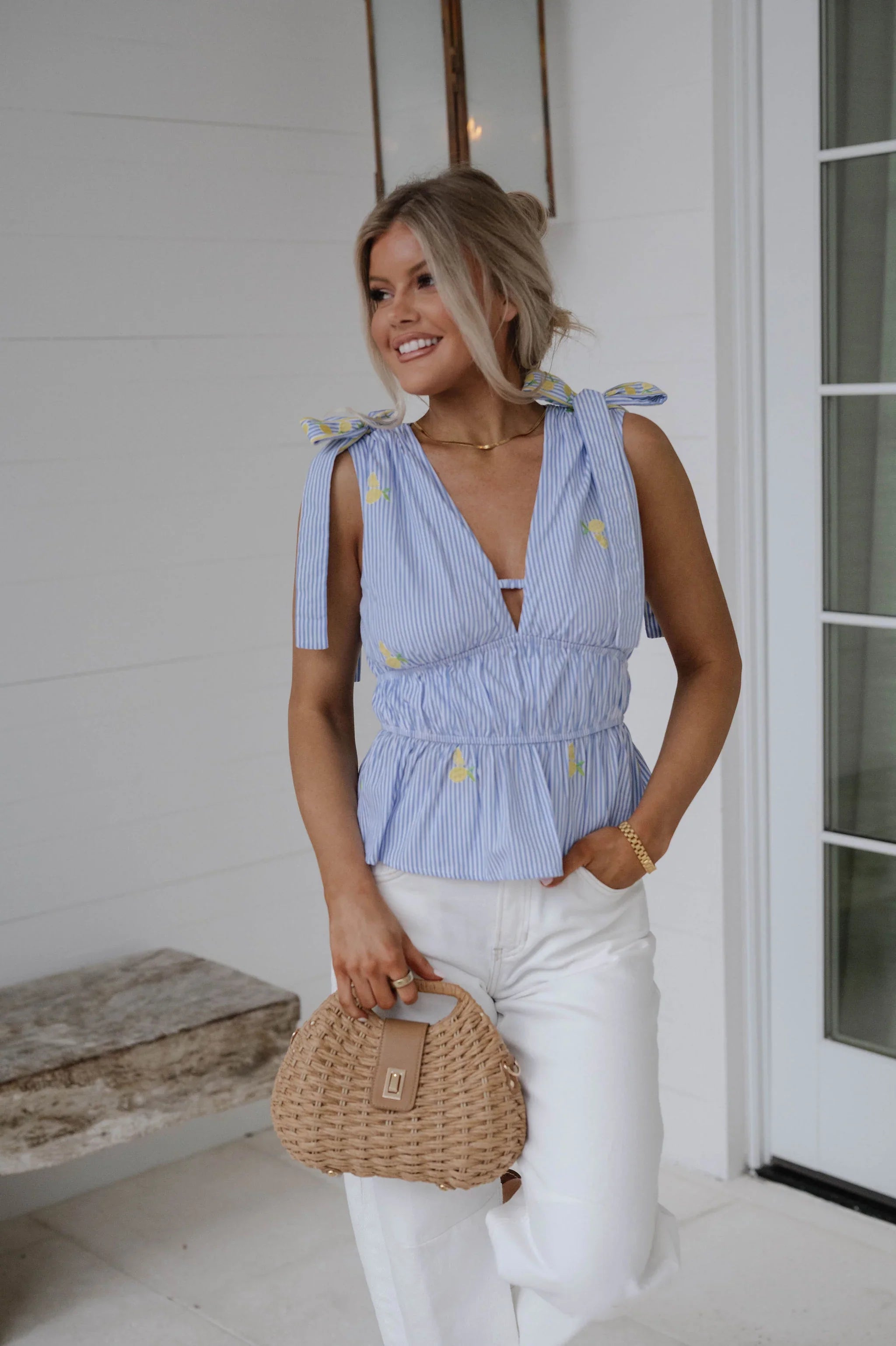Lemon Embroidery Top-Marina Blue