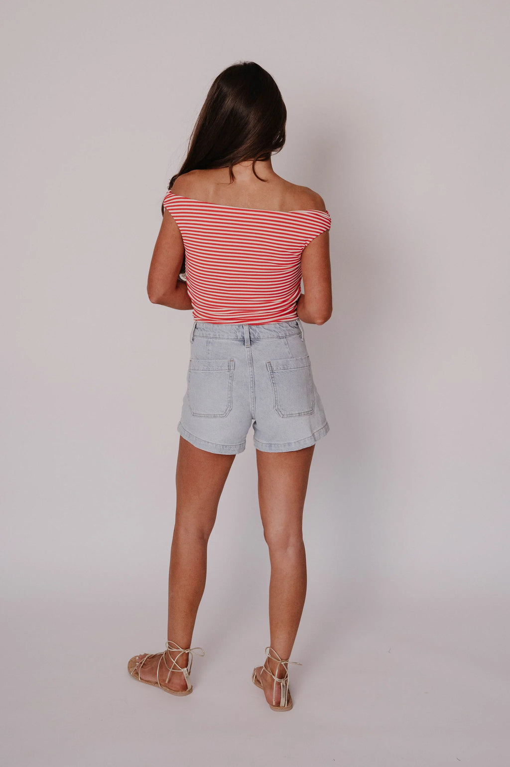 Lauren OTS Striped Top-Red/Off White