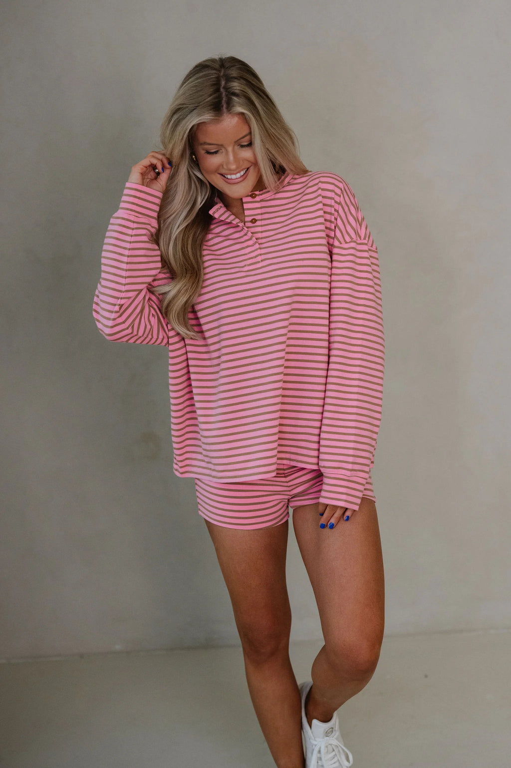 Kelsey Striped Shorts Set-Pink/Brown