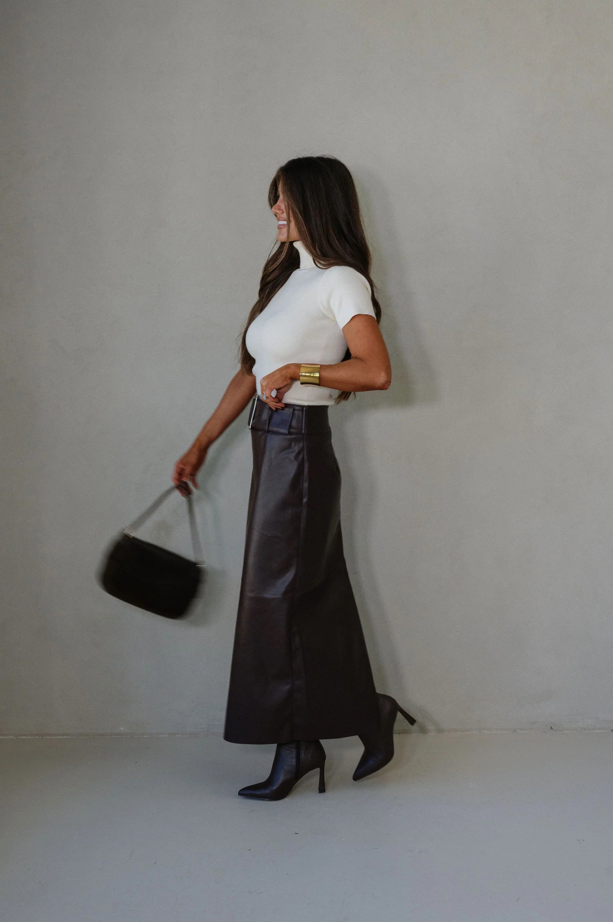 Buckle Waist Back Slit Skirt-Dark Oak