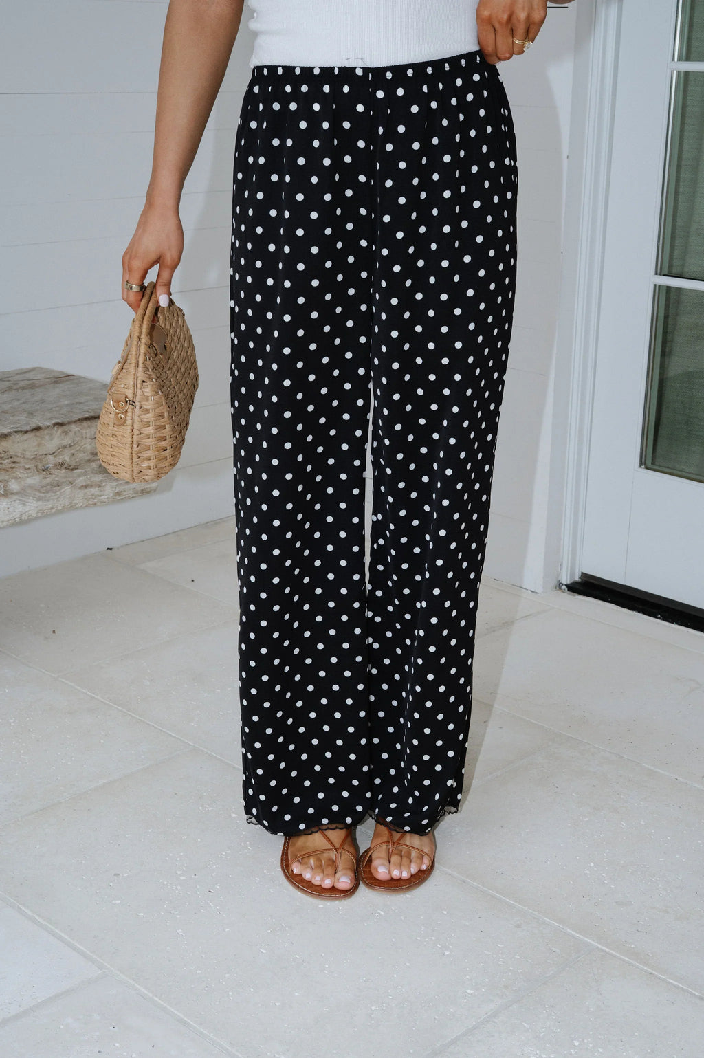 Polka Dot Satin Pants-Black