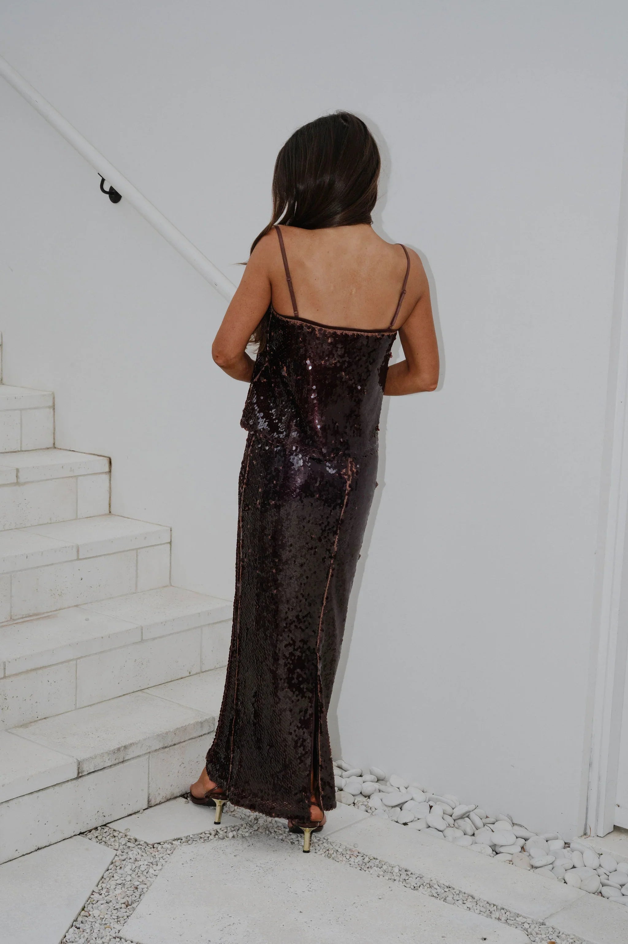 Eloise Sequin Maxi Skirt Set-Brown