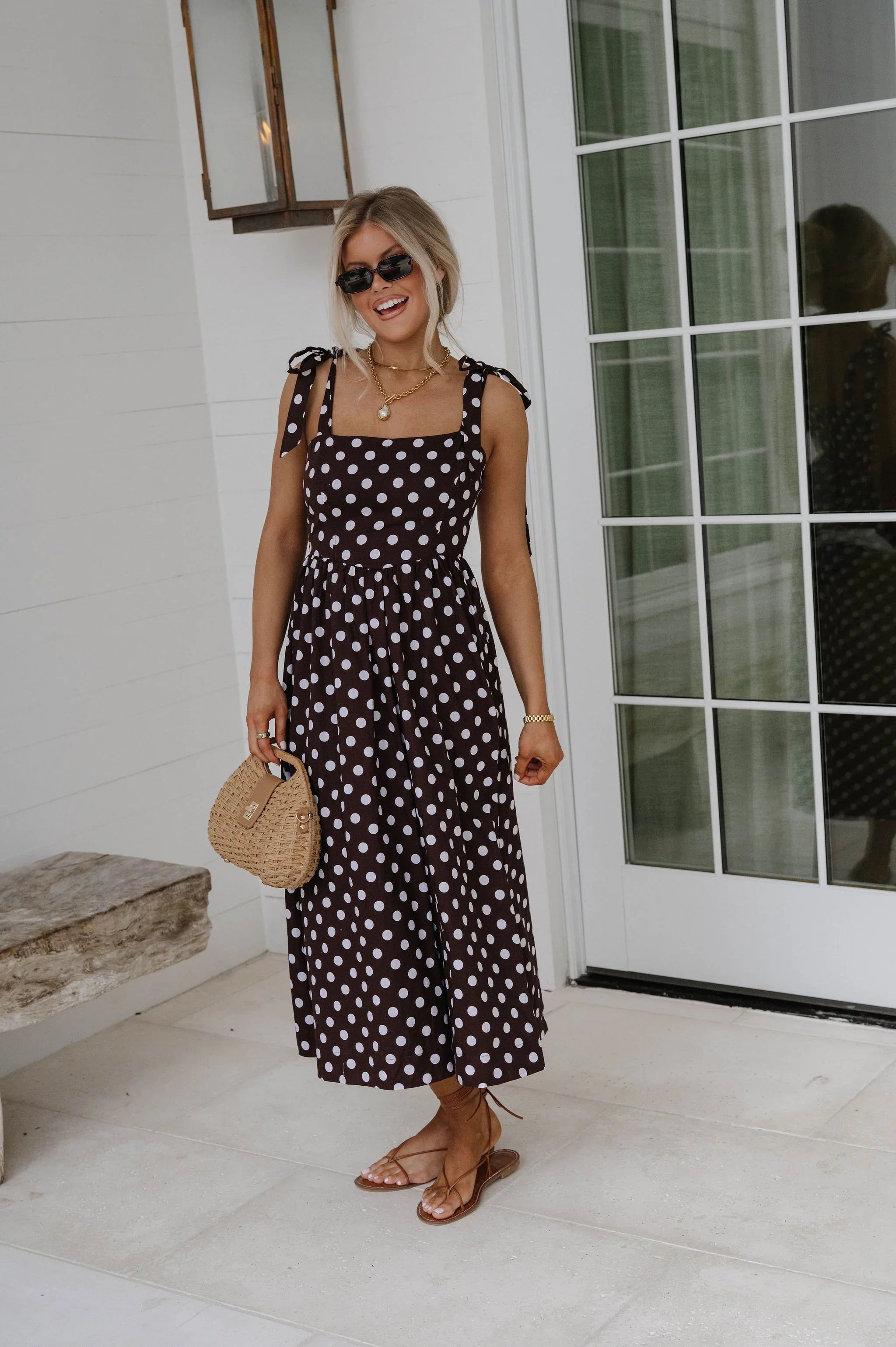 Serena Polka Dot Midi Dress-Brown