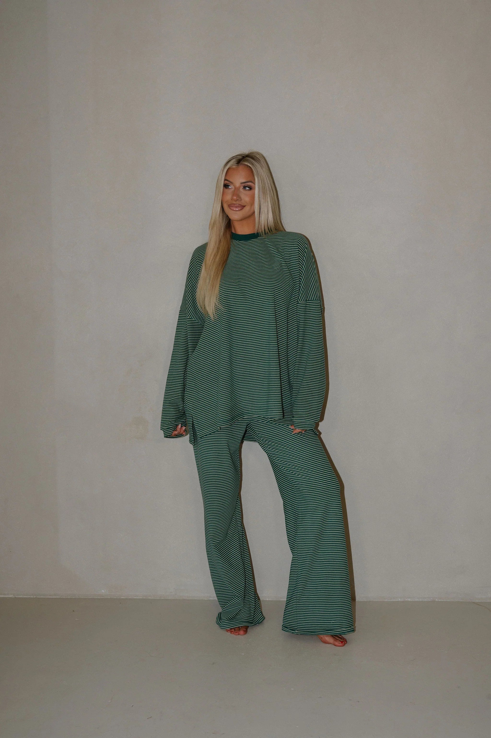 Nora Striped Fleece Oversized Top-Green