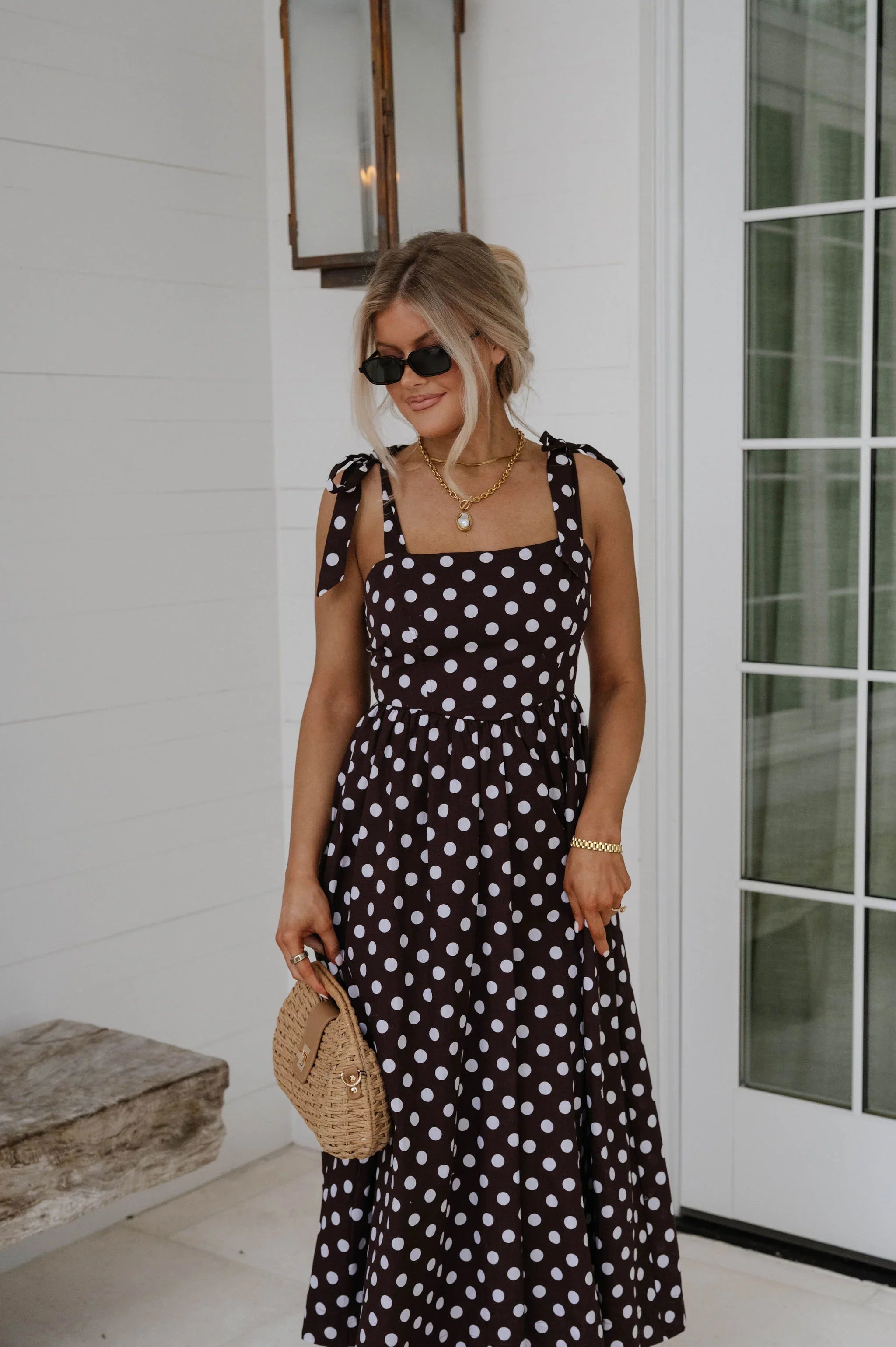 Serena Polka Dot Midi Dress-Brown