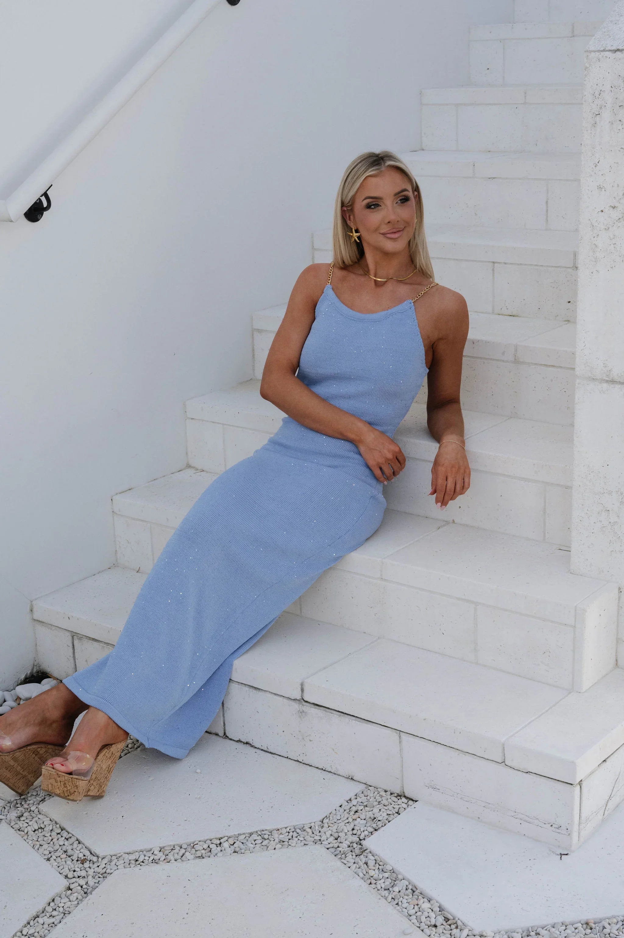Chain Strap Knit Maxi Dress-Blue