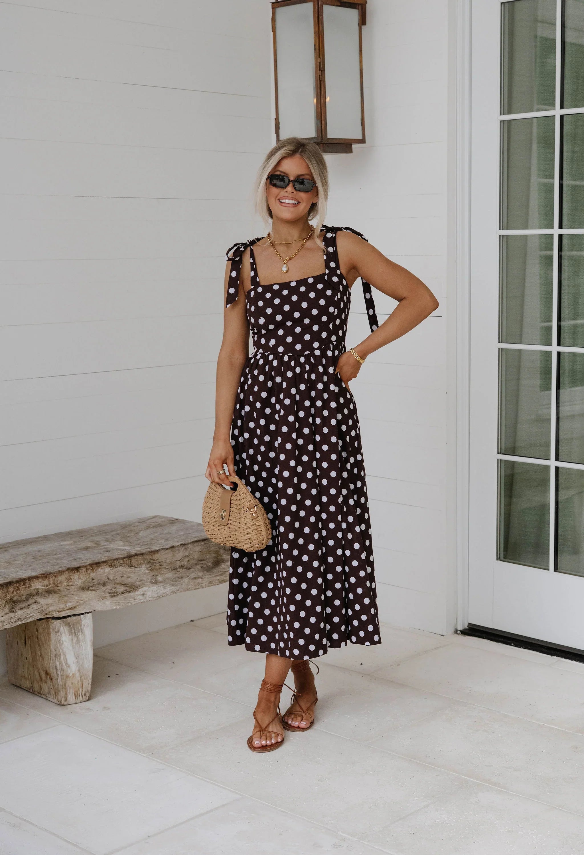 Serena Polka Dot Midi Dress-Brown