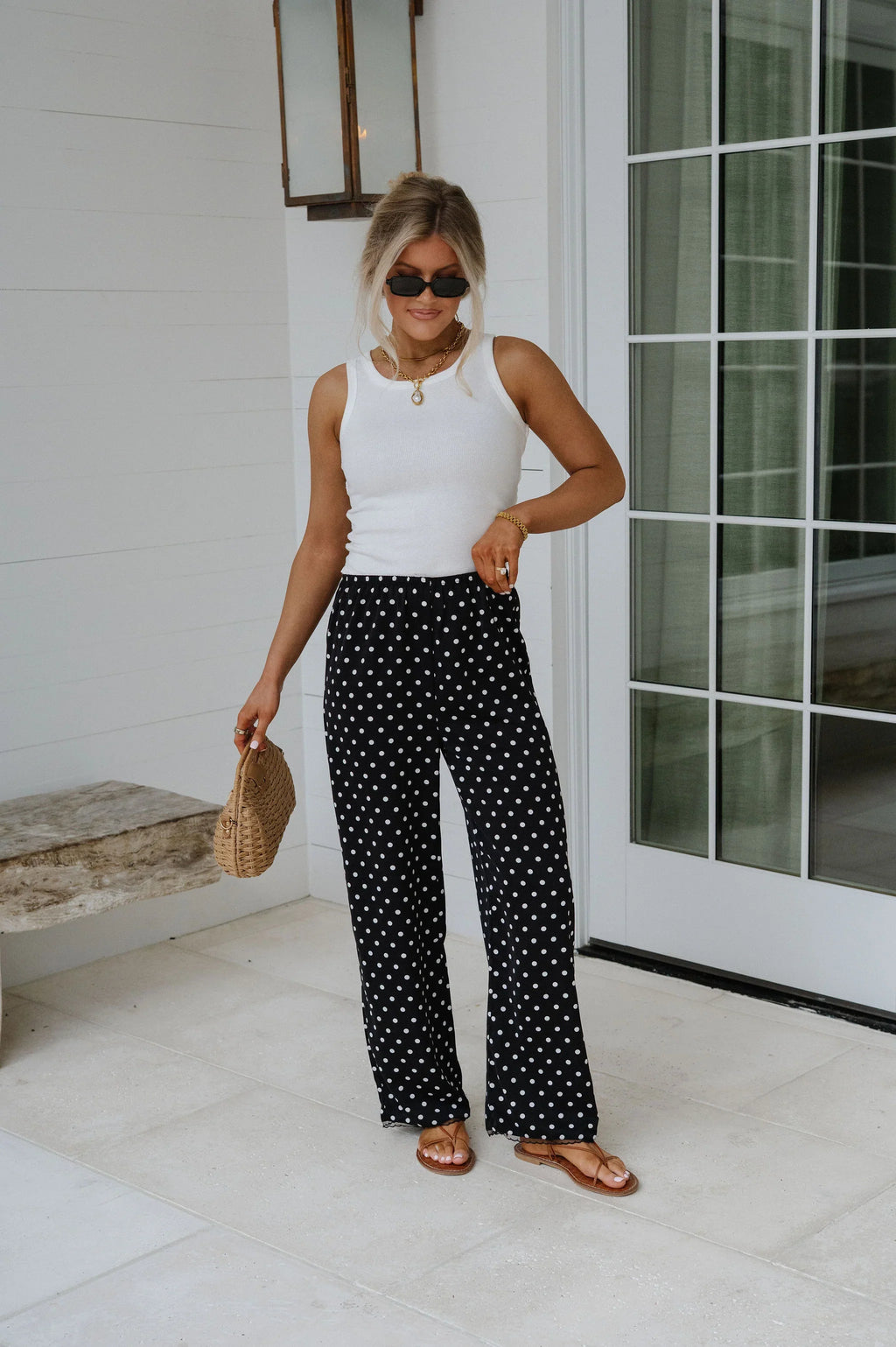 Polka Dot Satin Pants-Black
