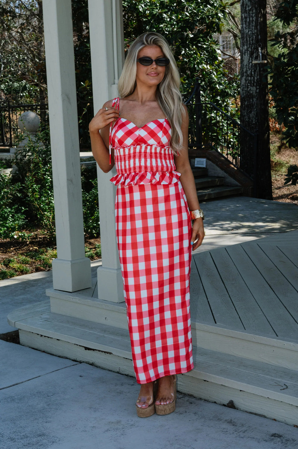 Collier Gingham Skirt Set-Red/White
