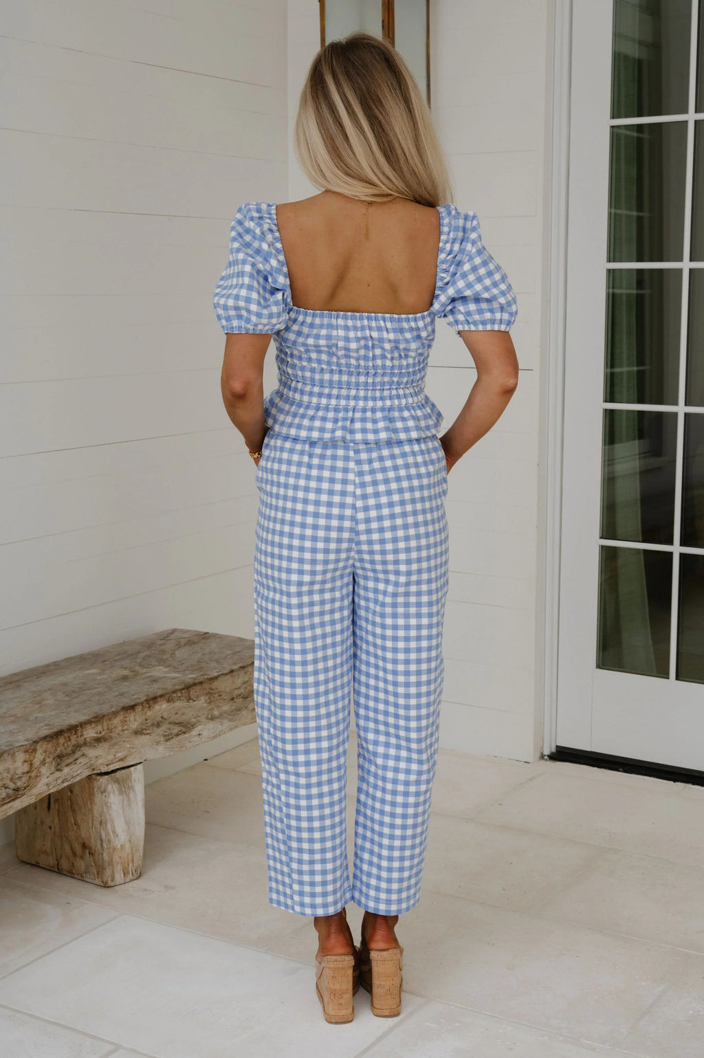 Anika Gingham Ruffle Top-Blue/White