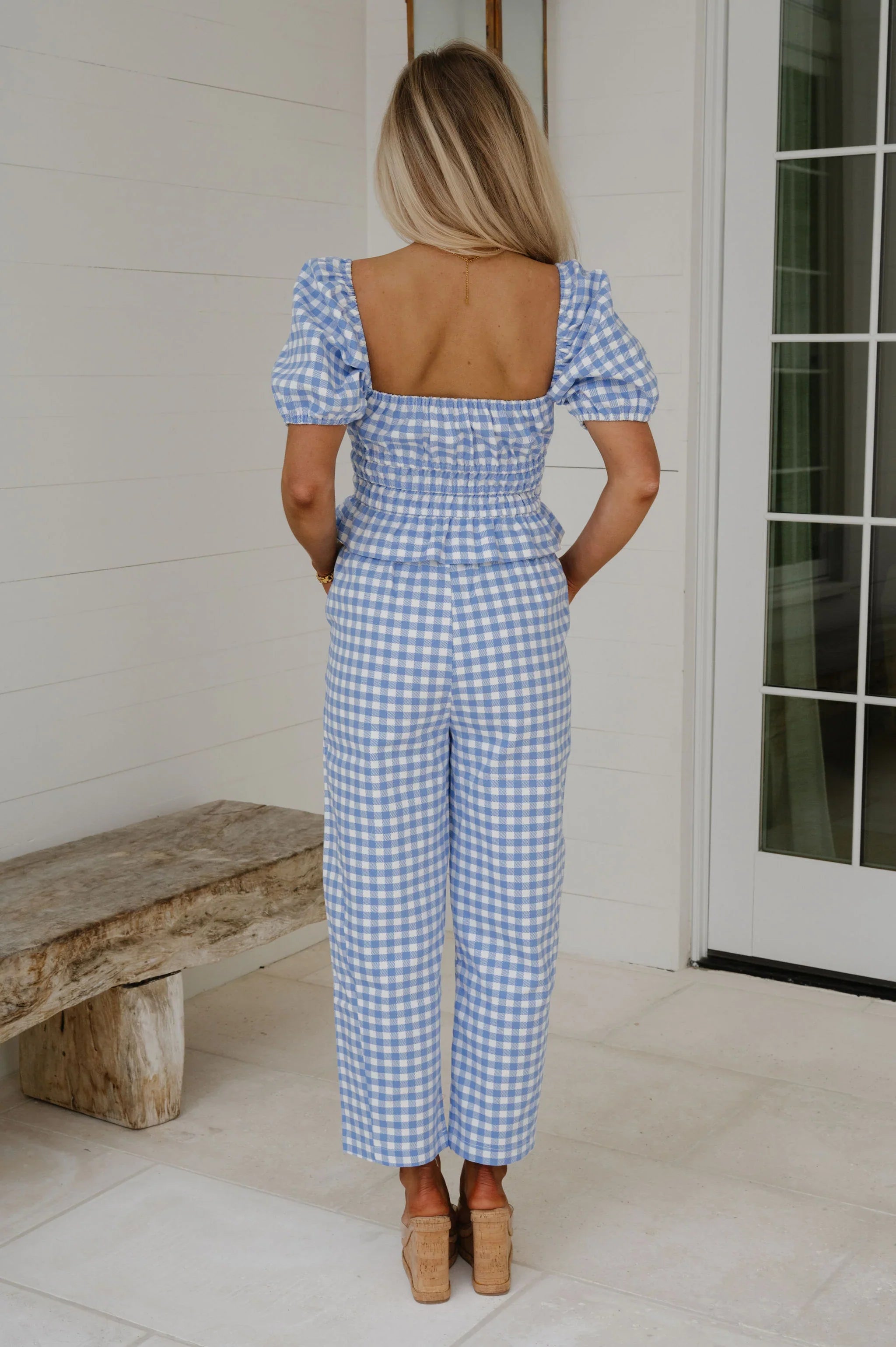 Anika Gingham Ruffle Top-Blue/White