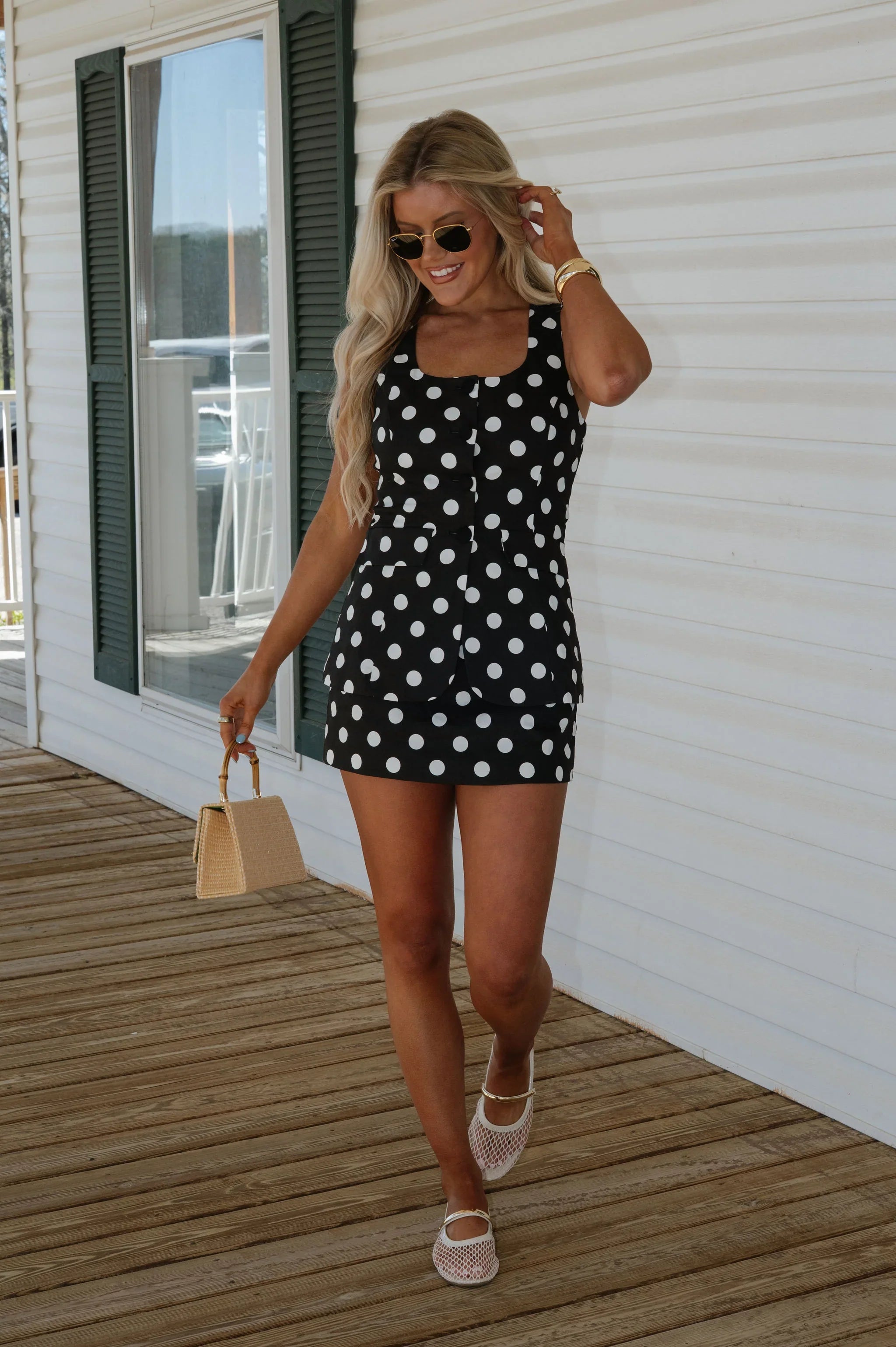 Tina Polka Dot Mini Dress-Black/White