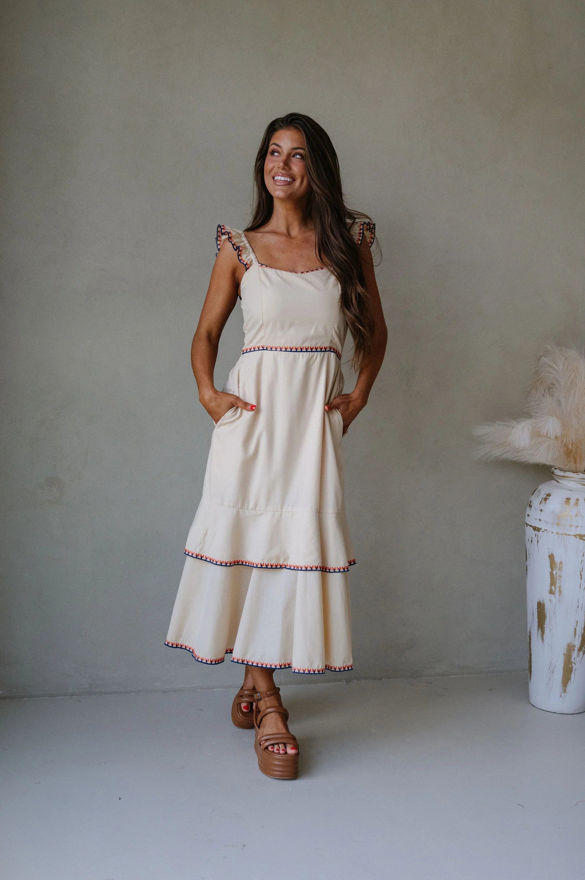 Layered Embroidered Midi Dress- Almond