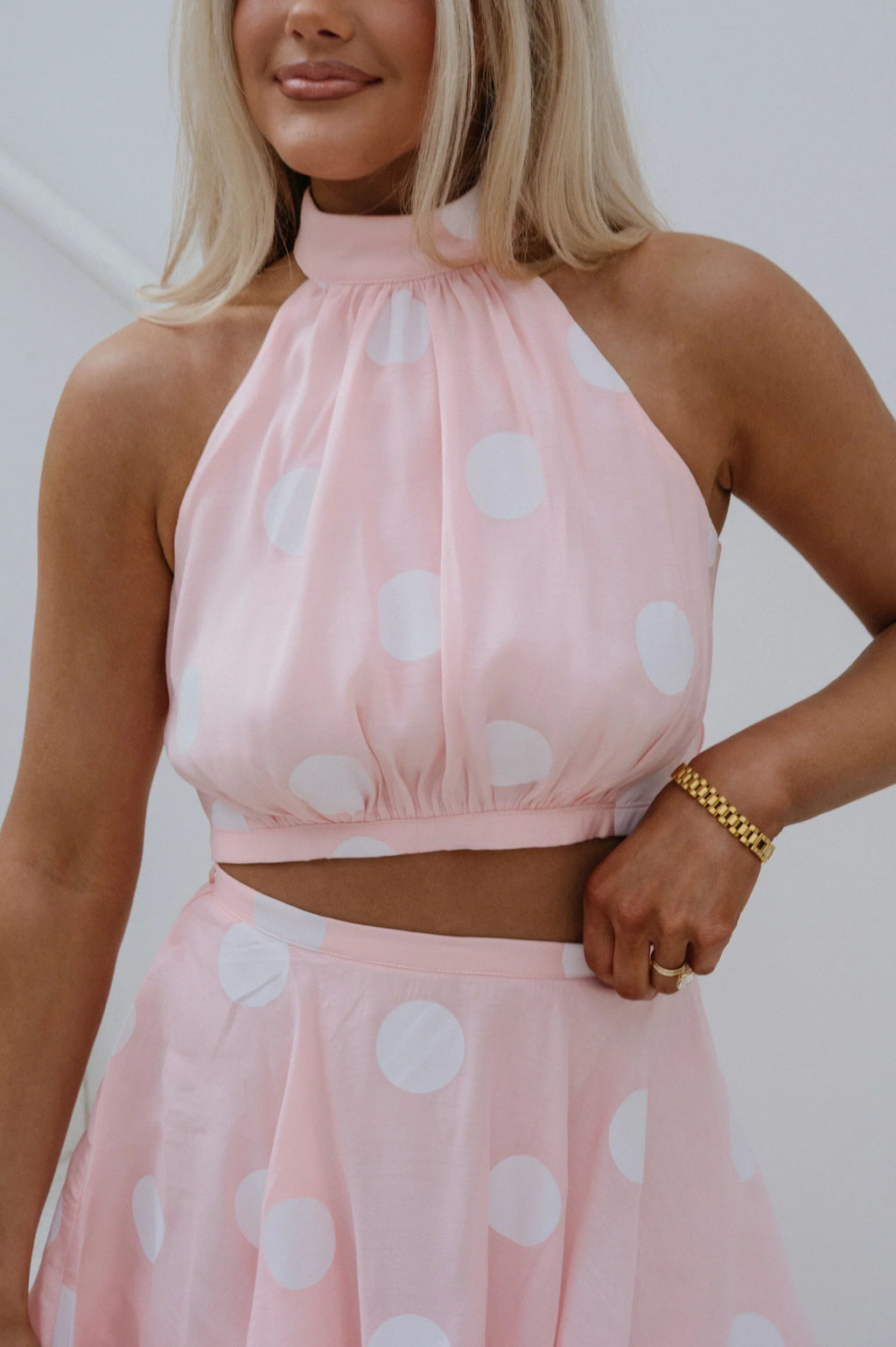 Spring Polka Dot Halter Neck Skirt Set-Pink