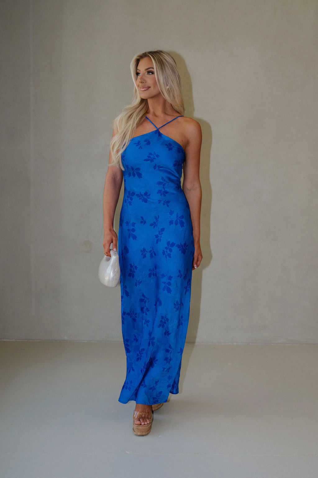 Crossback Halter Maxi Dress-Blue Floral