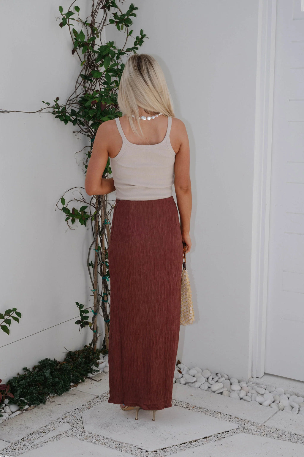Textured Woven Maxi Skirt-Red Wood