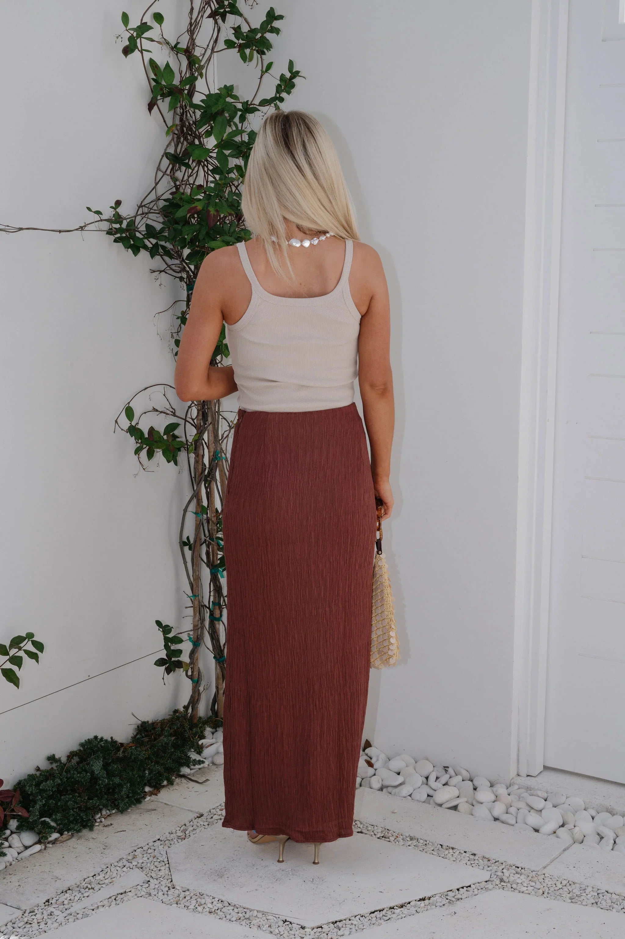 Textured Woven Maxi Skirt-Red Wood