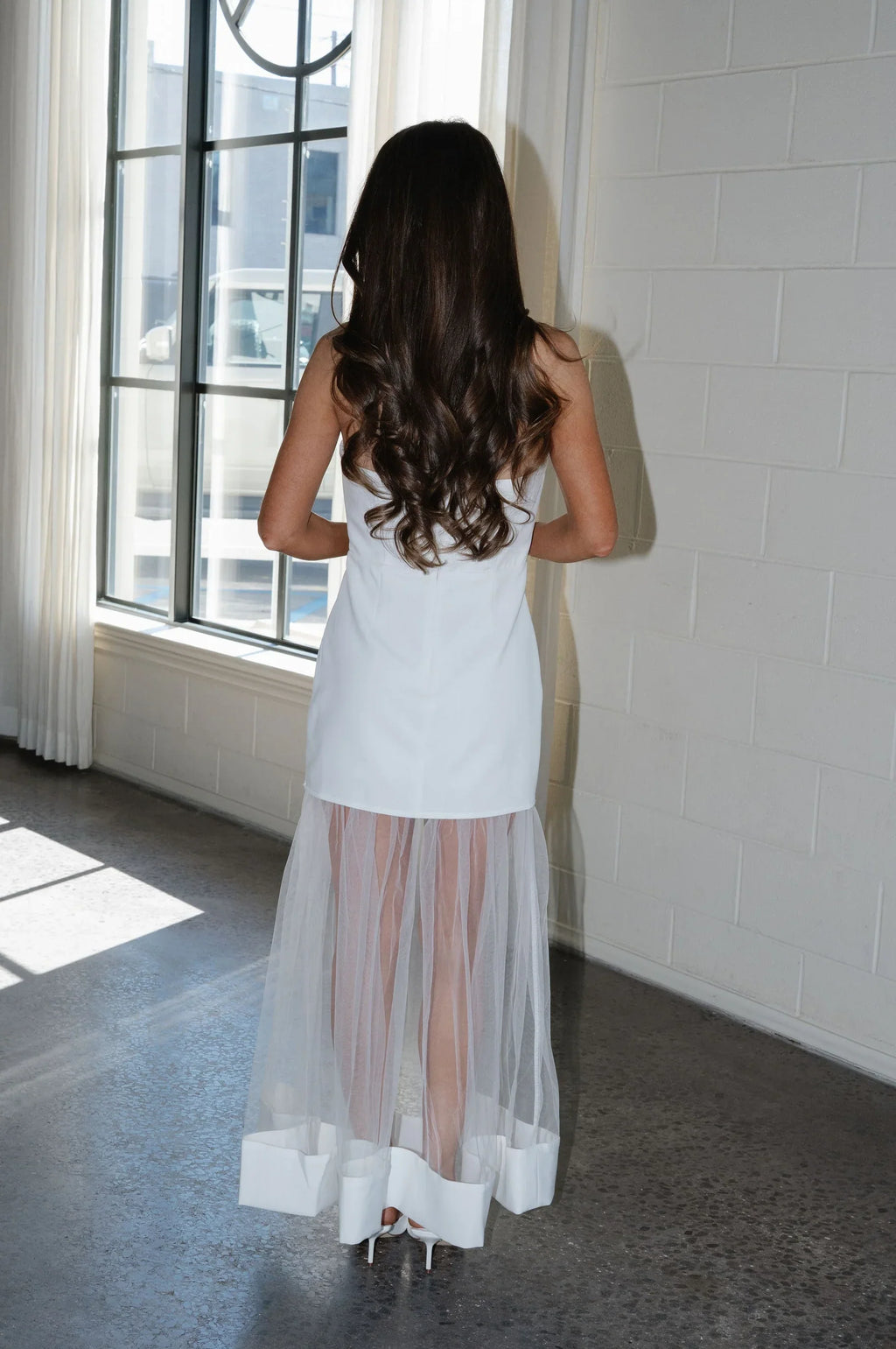 Tulle Skirt Panel Strapless Dress-White