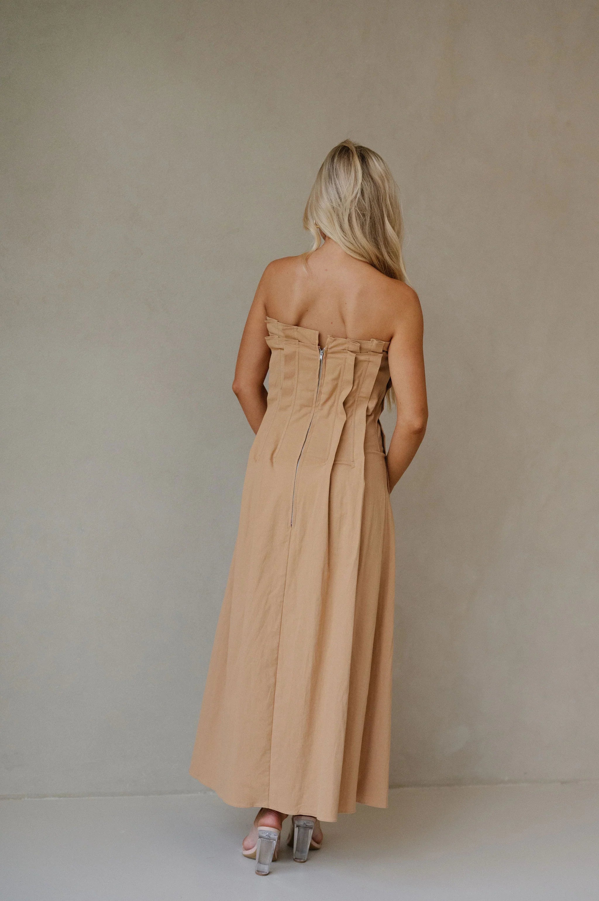 Pleat Detailed Maxi Dress-Taupe