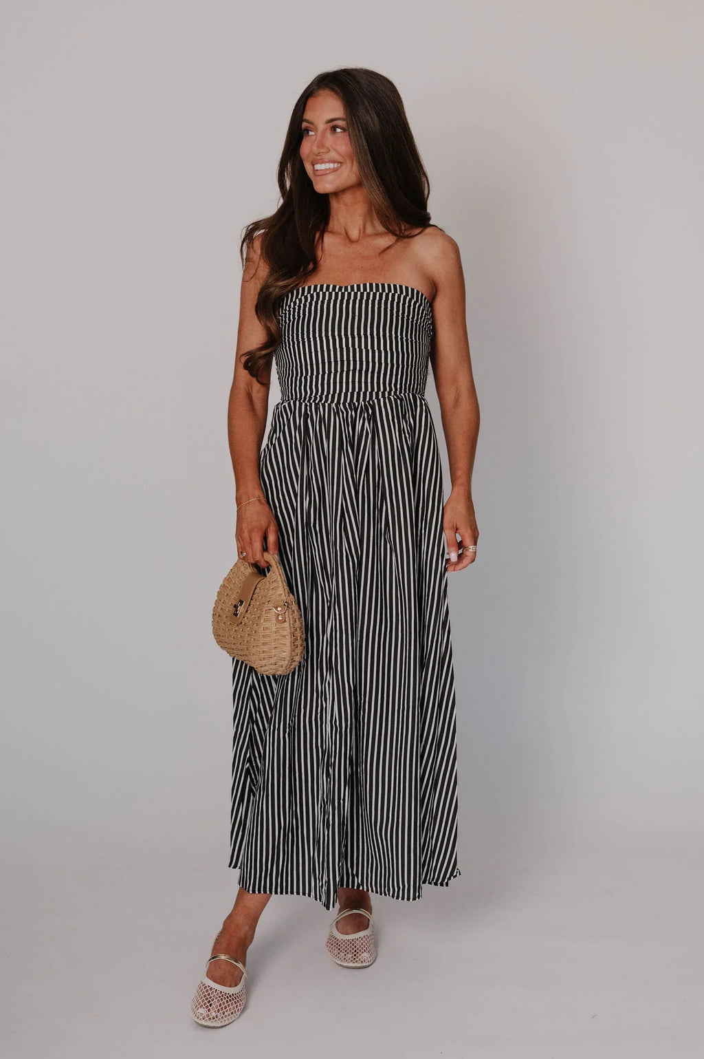 Cammie Striped Midi Dress-Black
