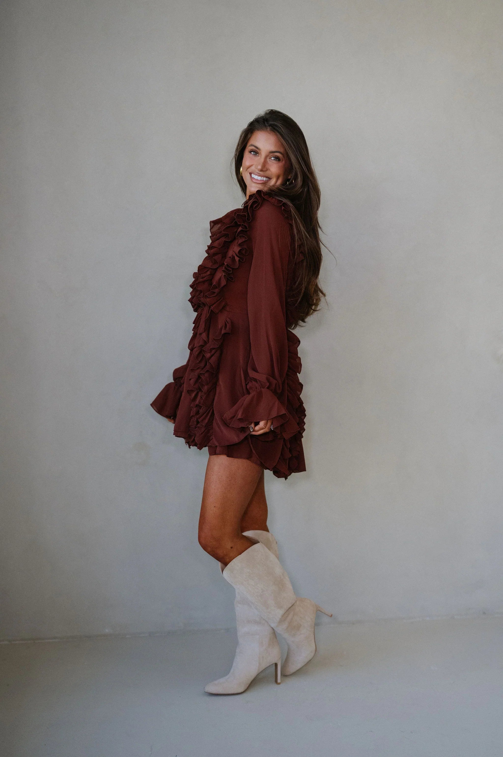Chiffon Ruffled Mini Dress-Rust
