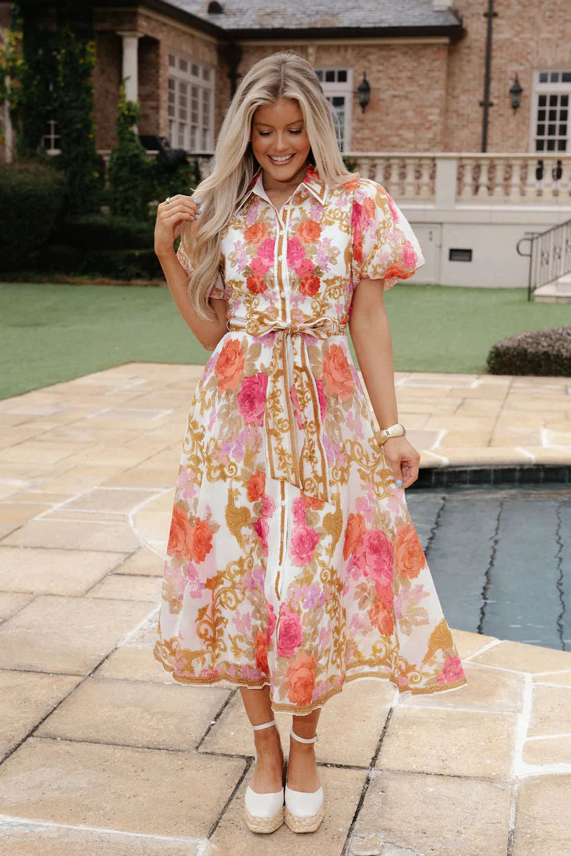 Kendall Floral Midi Dress-Ivory Multi