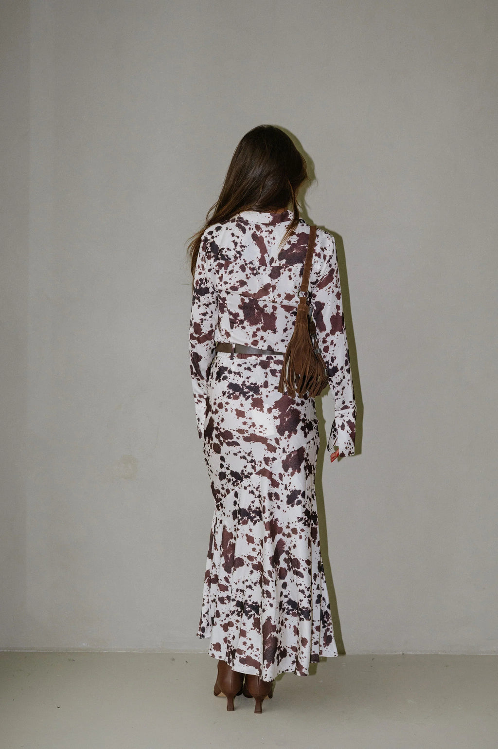 Belted Maxi Skirt-Cow Print