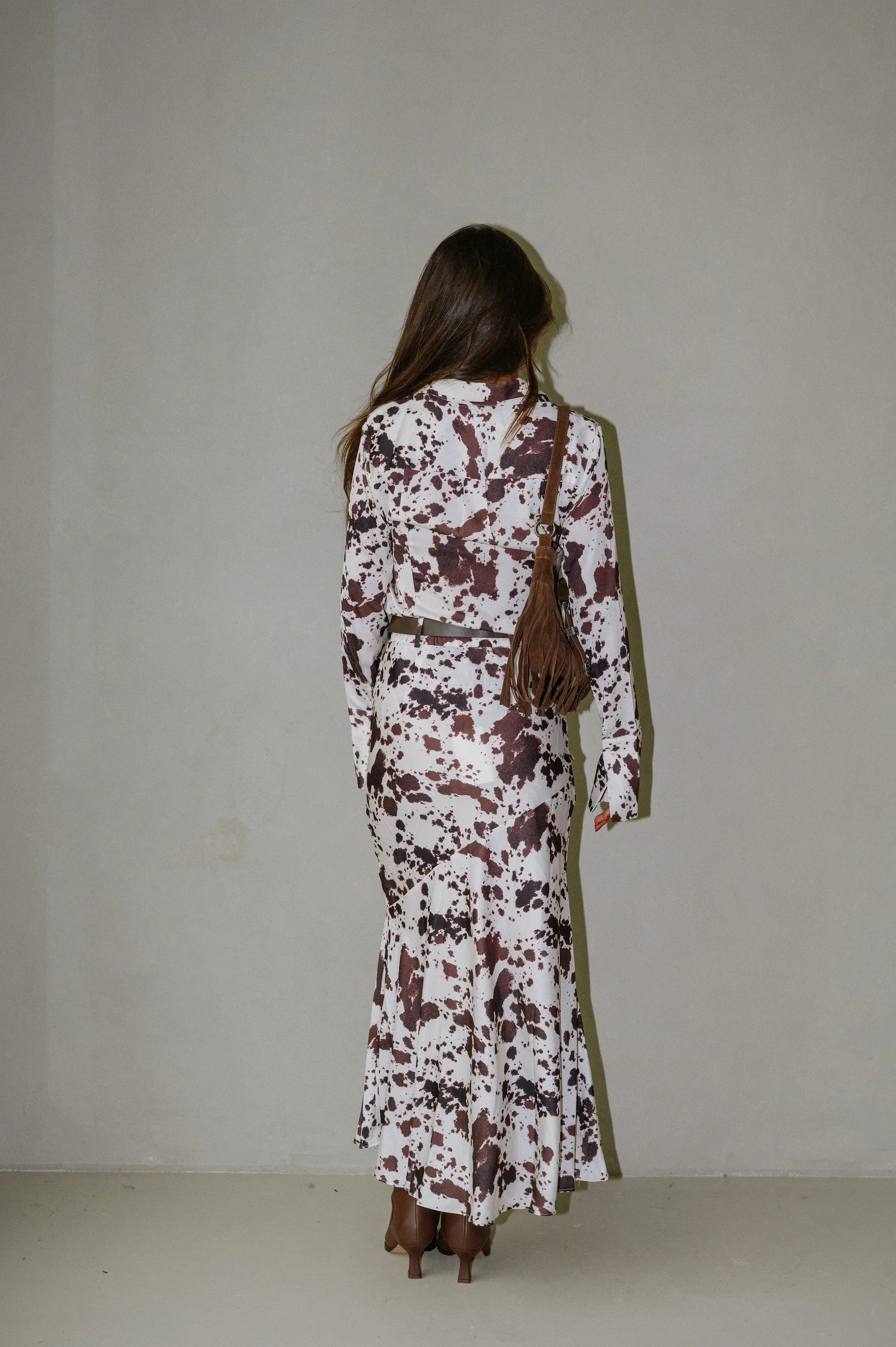 Belted Maxi Skirt-Cow Print