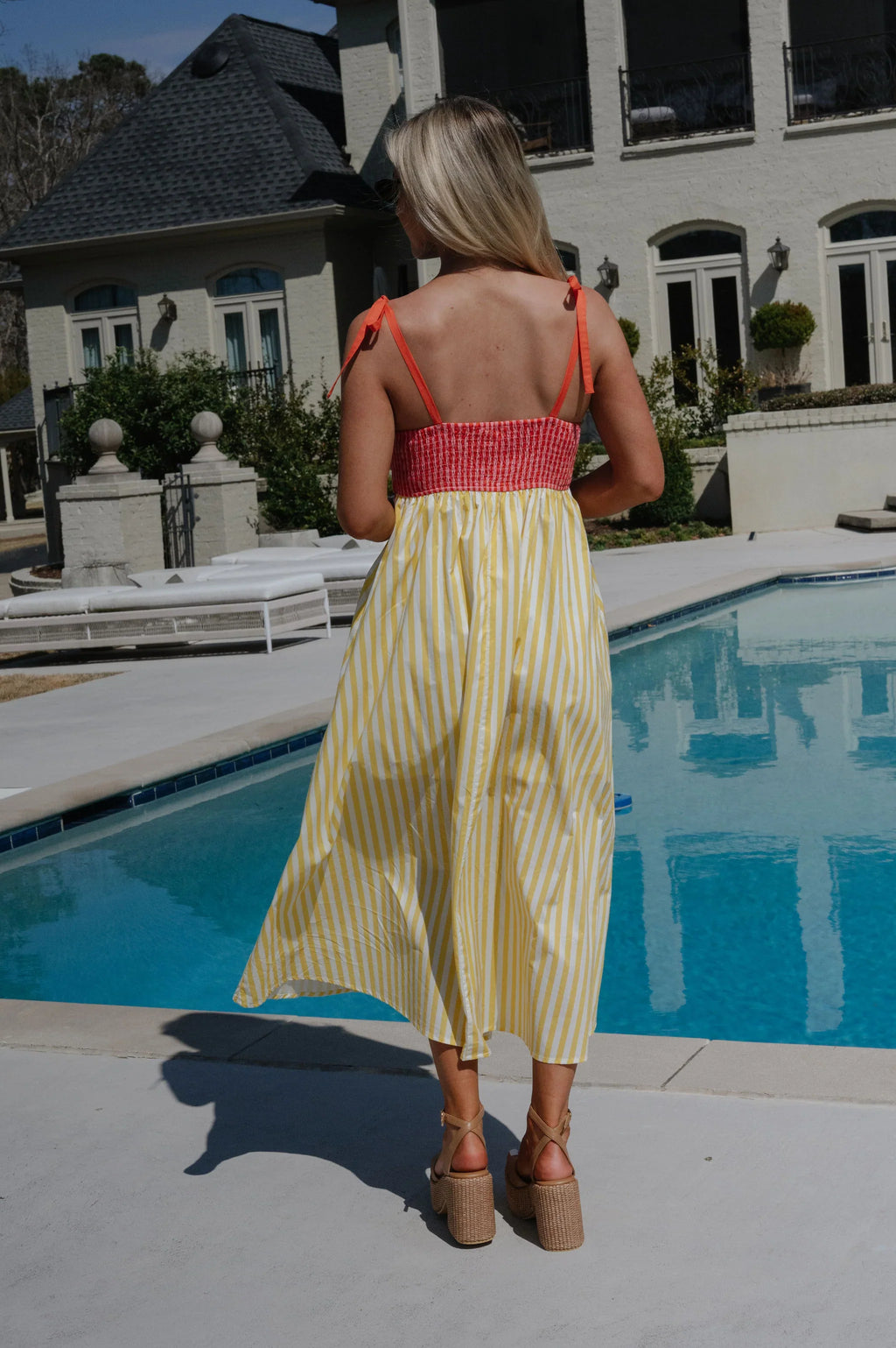 Striped Two Toned Midi Dress-Lemon/Orange