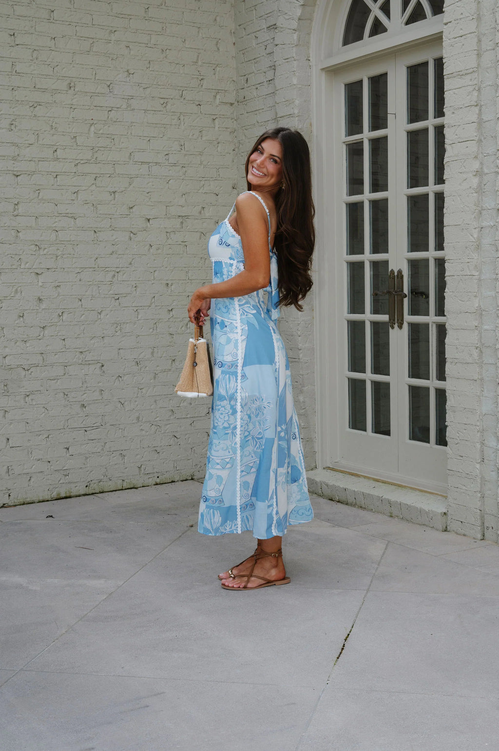 Mosaic Linen Midi Dress-Sky Blue