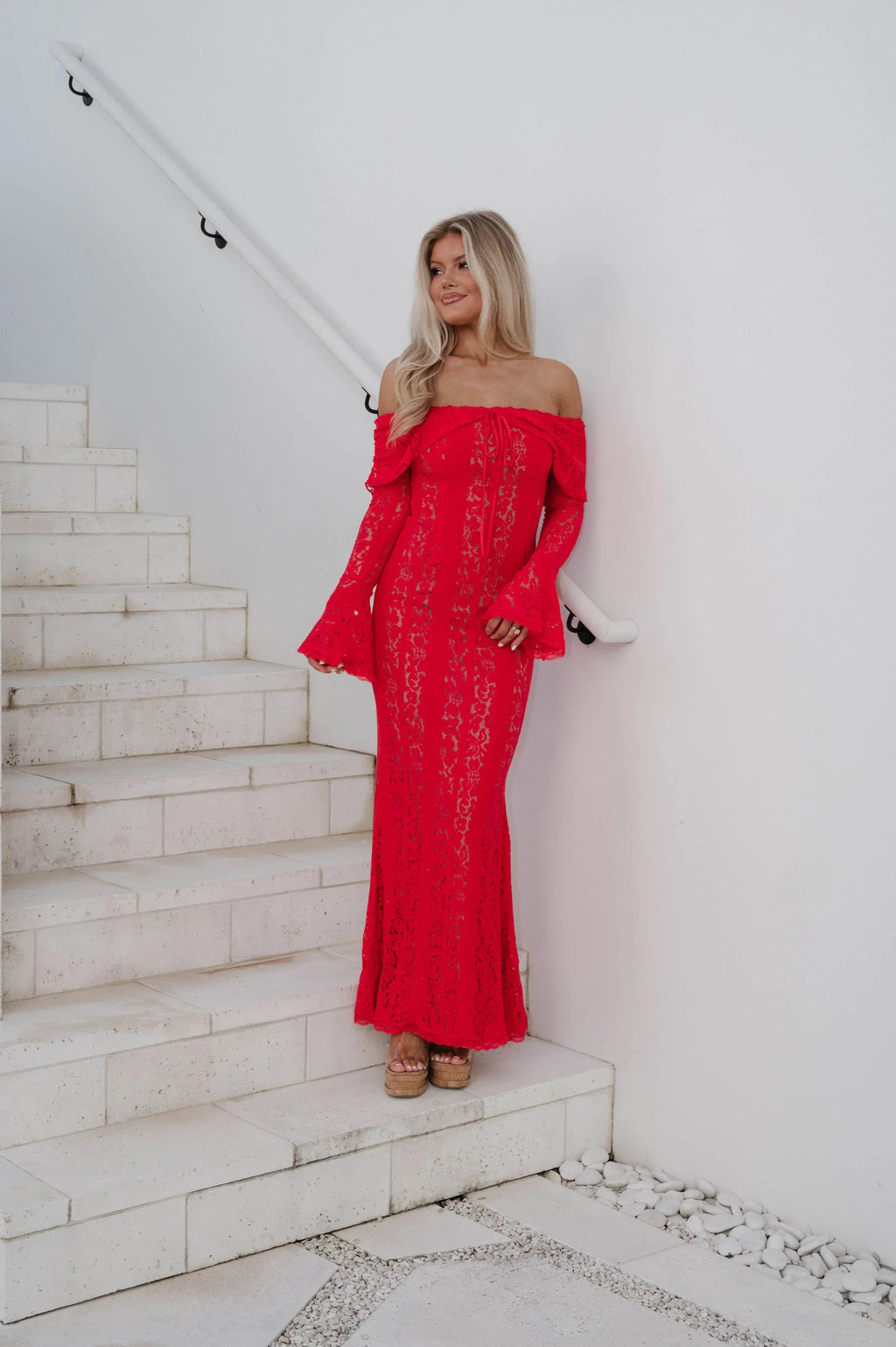 Della Lace Maxi Dress-Red/Nude