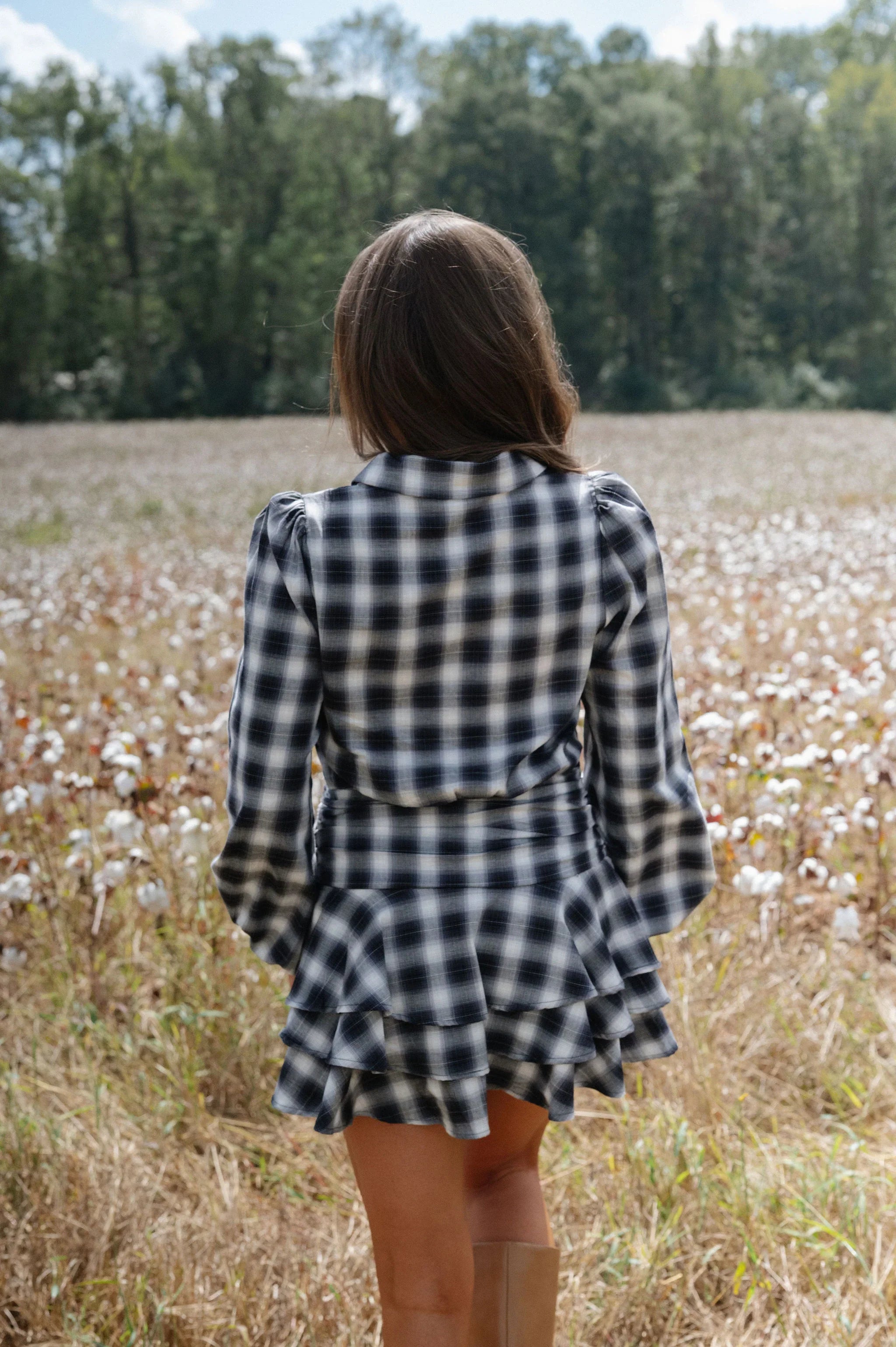 Wren Plaid Ruffle Mini Dress-Grey