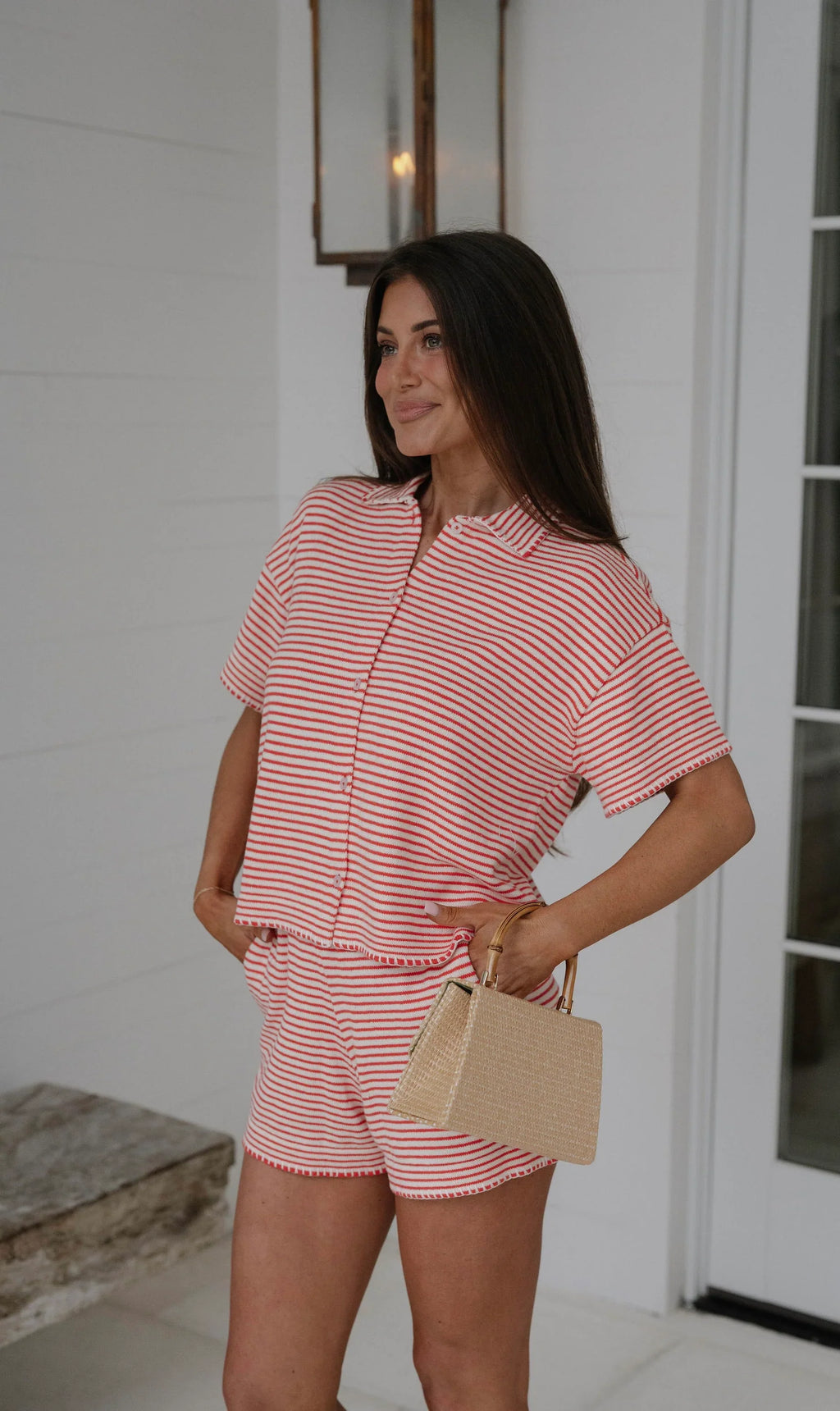 Miah Stripe Knit Shorts Set-Ecru/Red