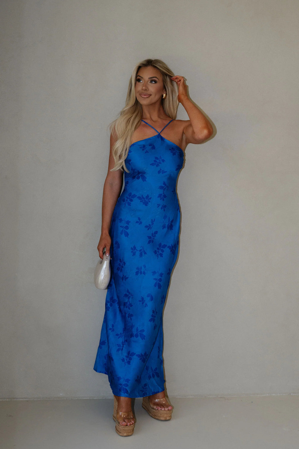 Crossback Halter Maxi Dress-Blue Floral