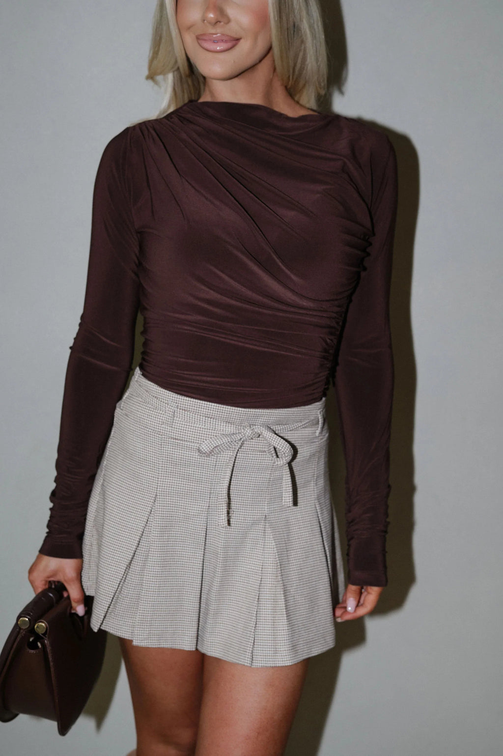 Plaid Waist Tie Mini Skirt-Taupe Multi