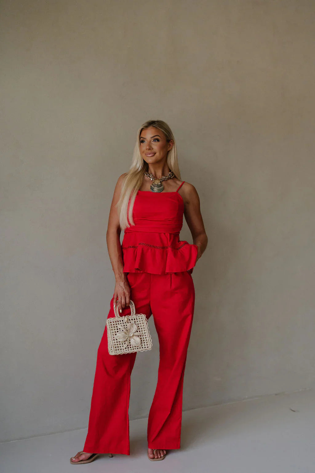 Linen Tube Pants Set-Red