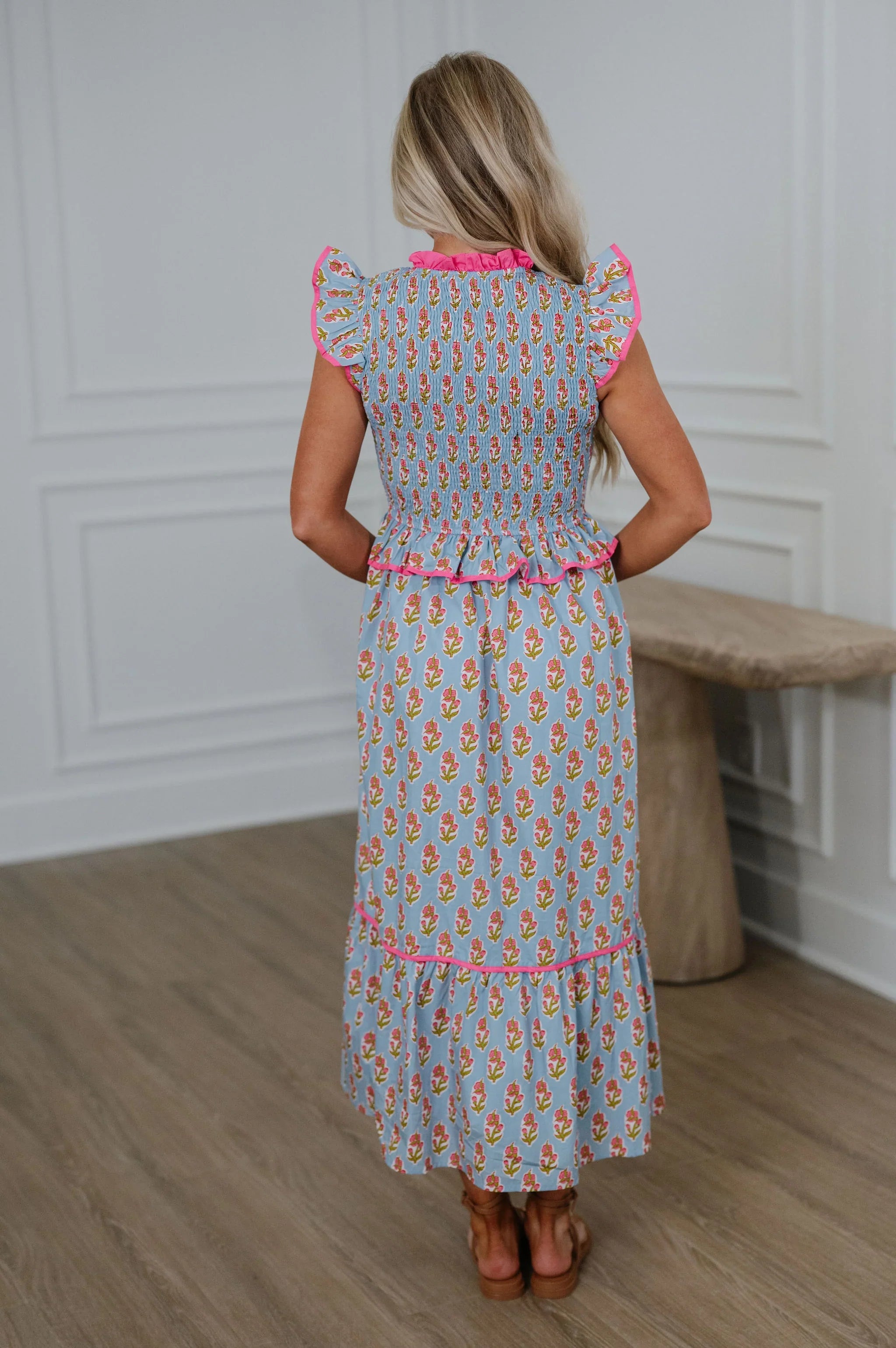 Floral Smocked Peplum Tiered Midi Dress-Blue