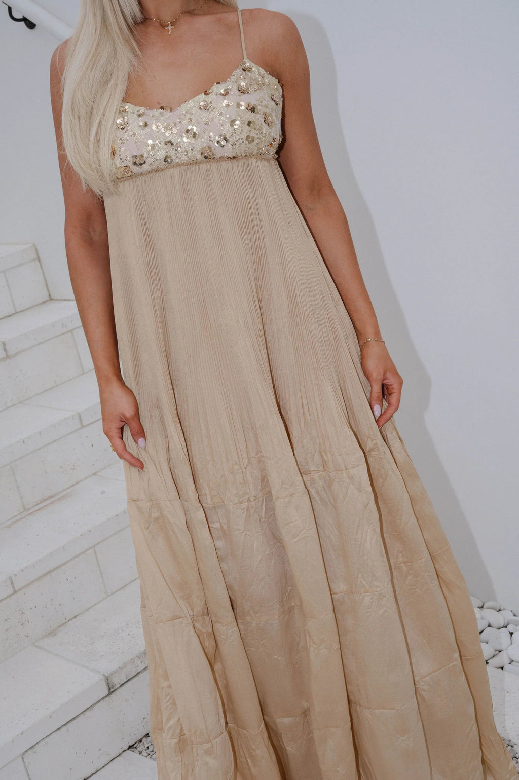 Tyler Sequin Detail Maxi Dress-Tan