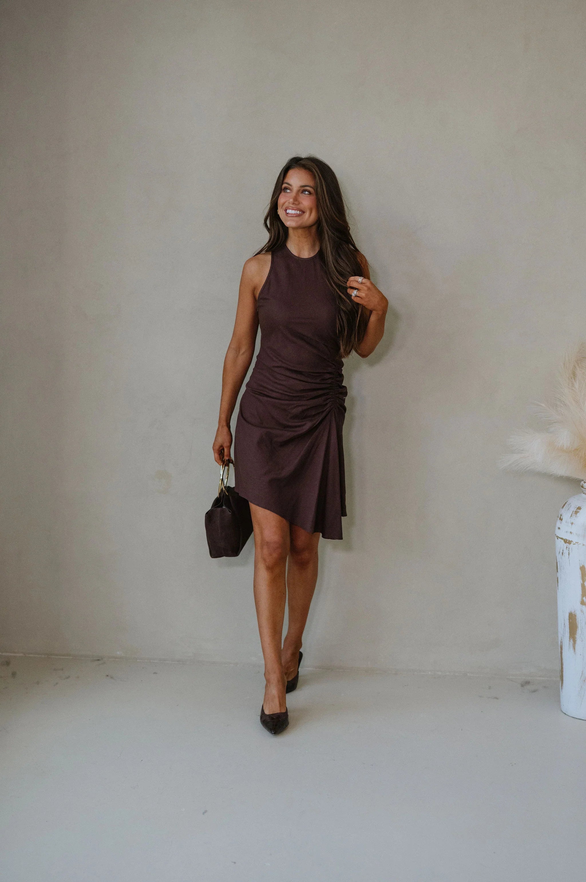Palmer Ruched Mini Dress-Chocolate