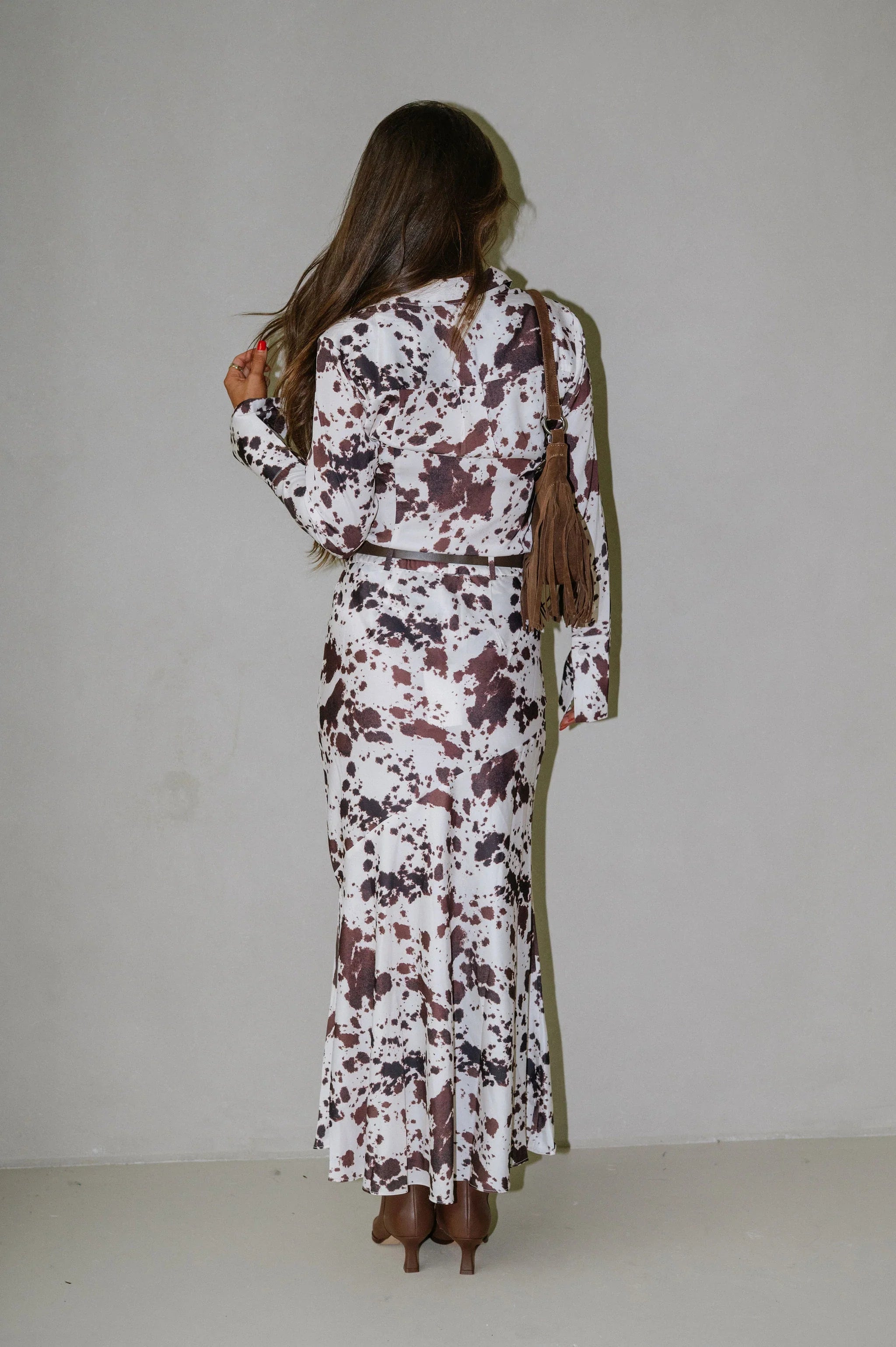 Belted Maxi Skirt-Cow Print