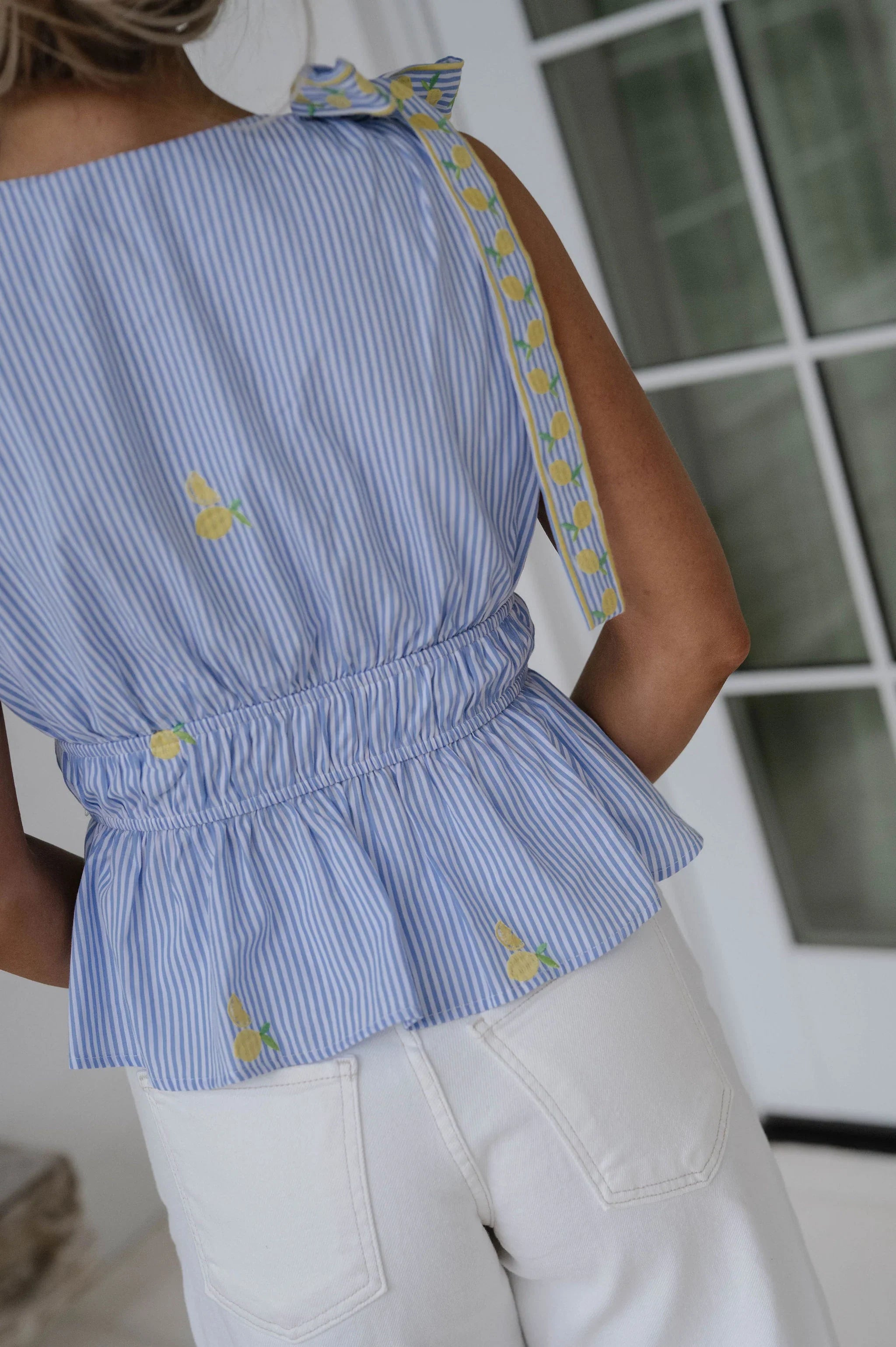 Lemon Embroidery Top-Marina Blue