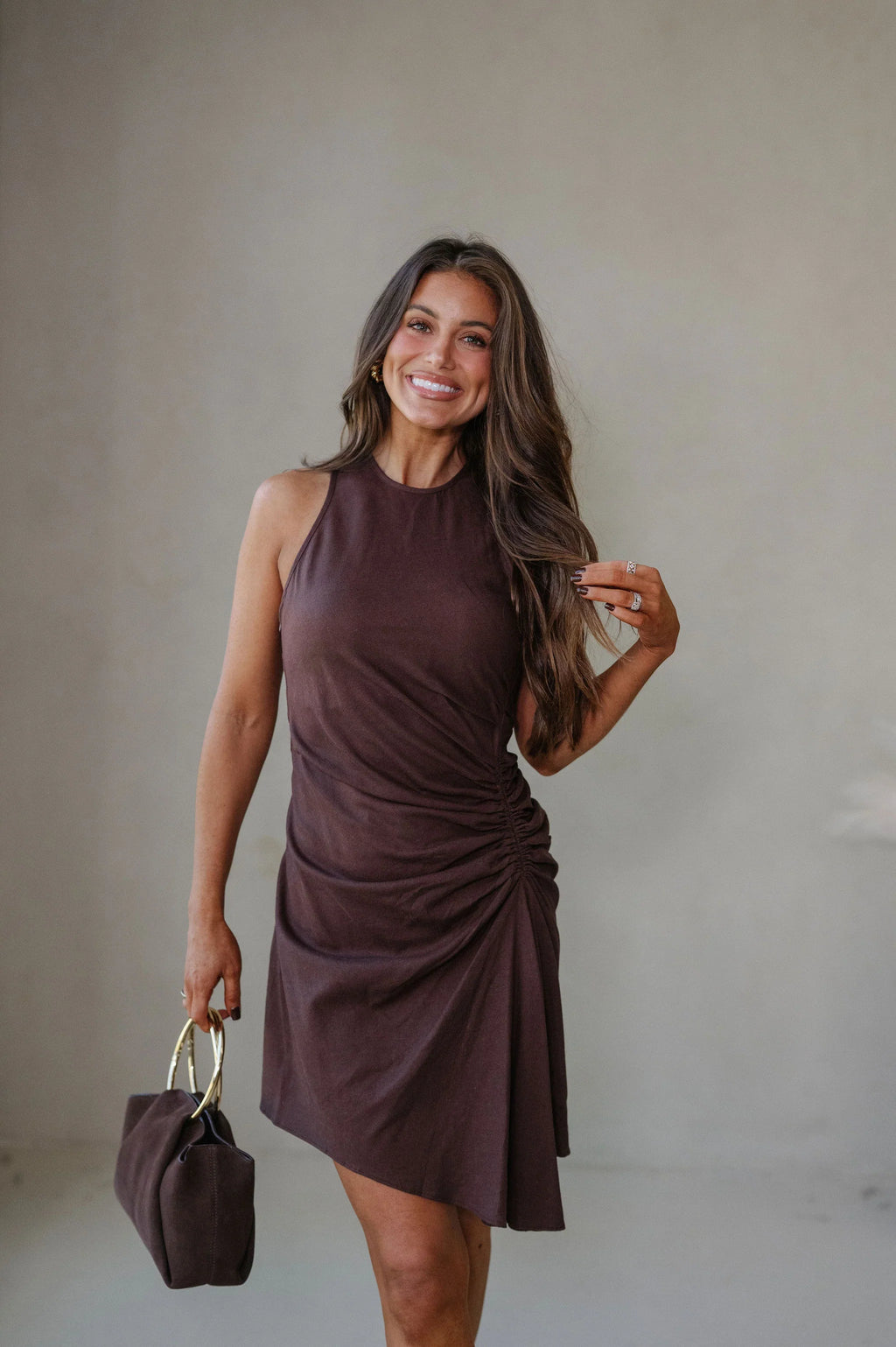 Palmer Ruched Mini Dress-Chocolate
