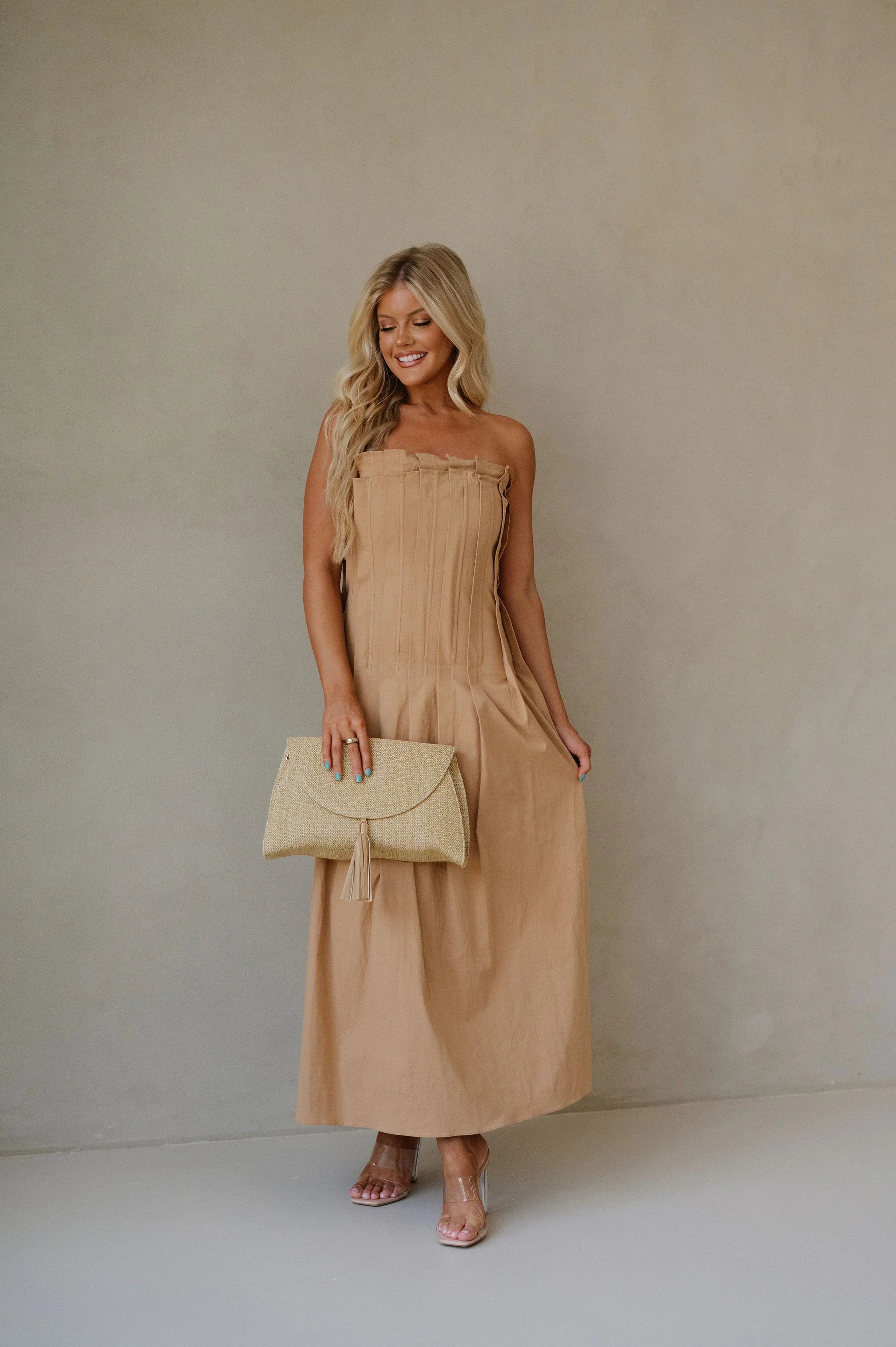 Pleat Detailed Maxi Dress-Taupe