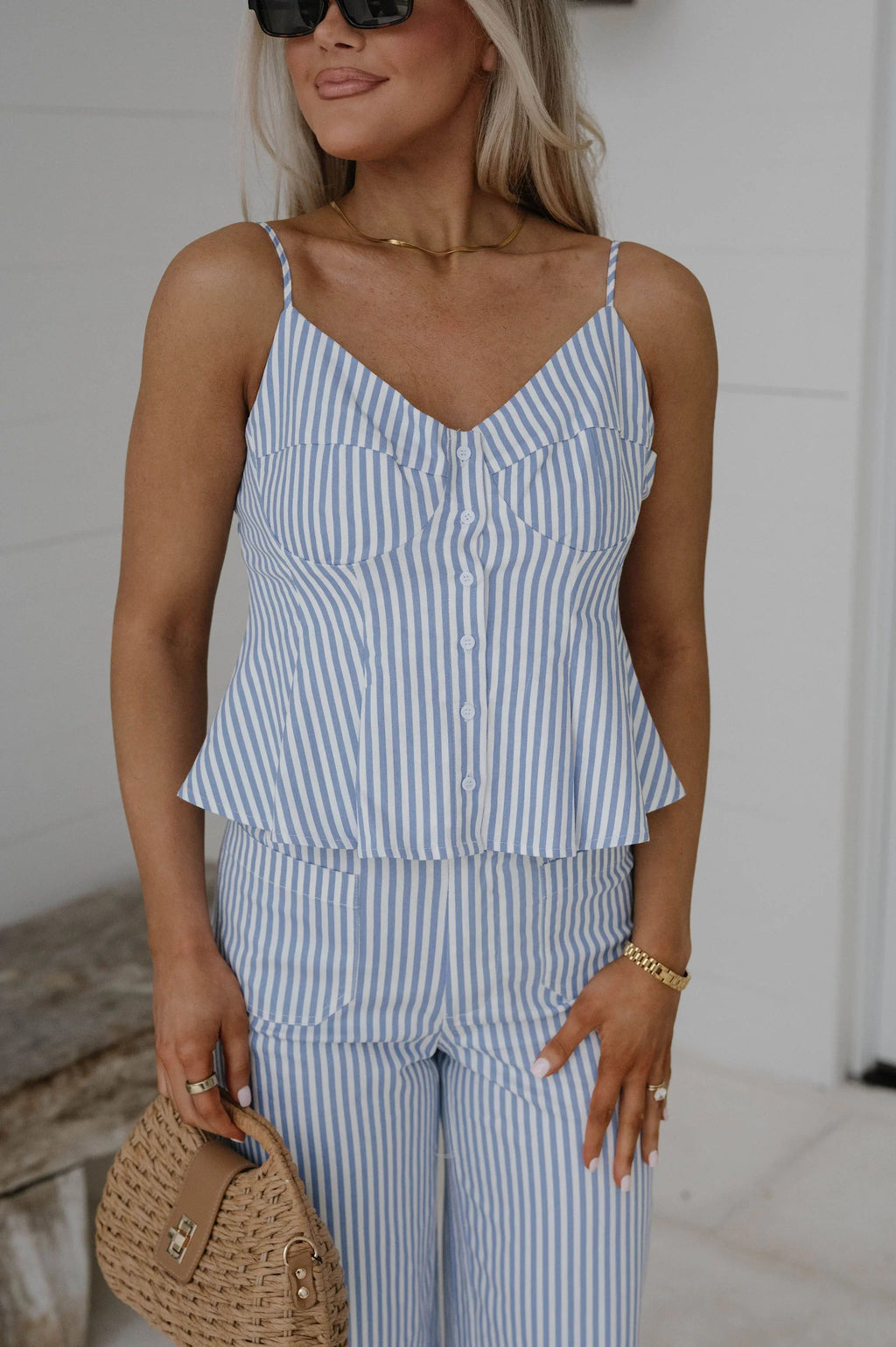 Rosemary Striped Pants Set-Light Blue