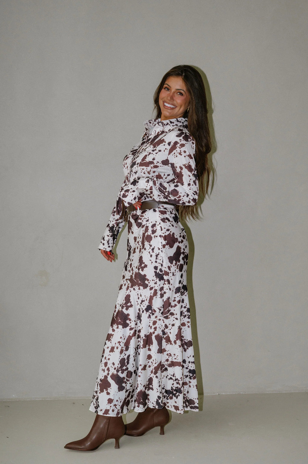 Belted Maxi Skirt-Cow Print
