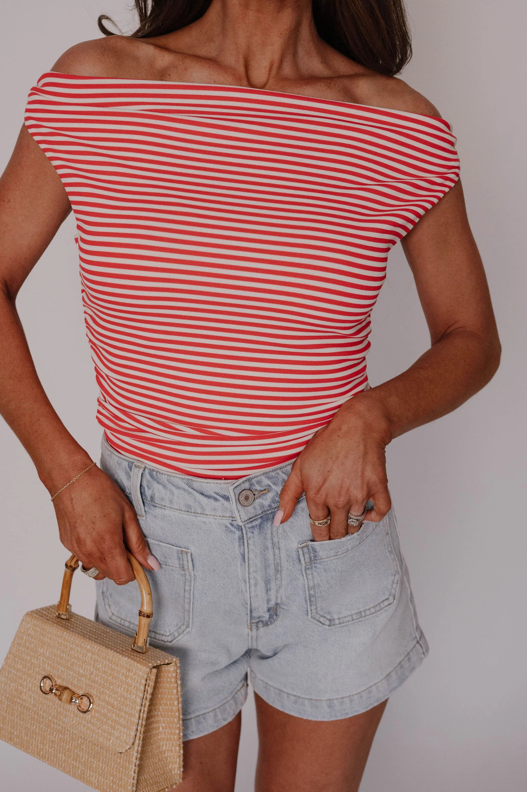 Lauren OTS Striped Top-Red/Off White